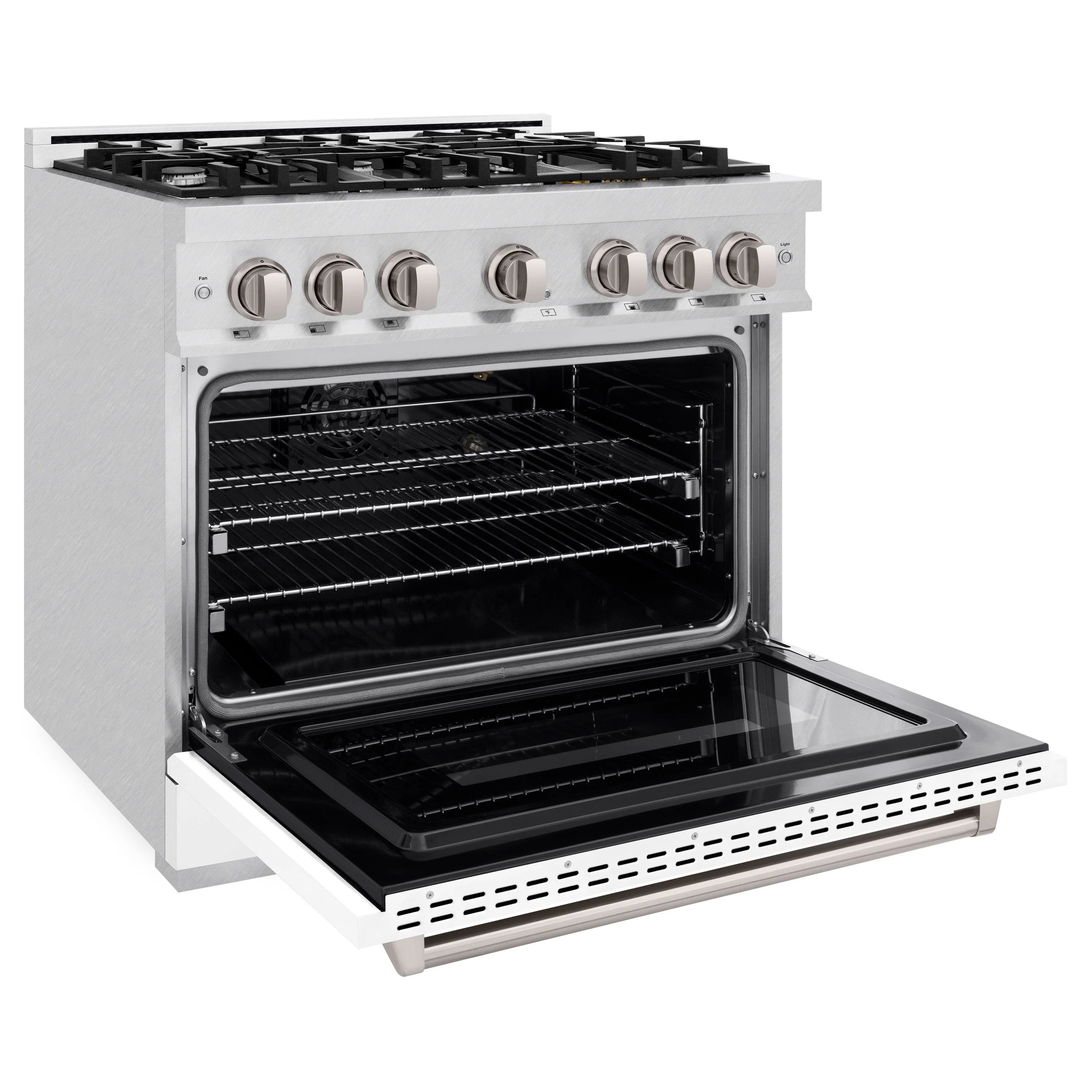 Satin stainless steel 36-inch gas range with open oven door and control knobs