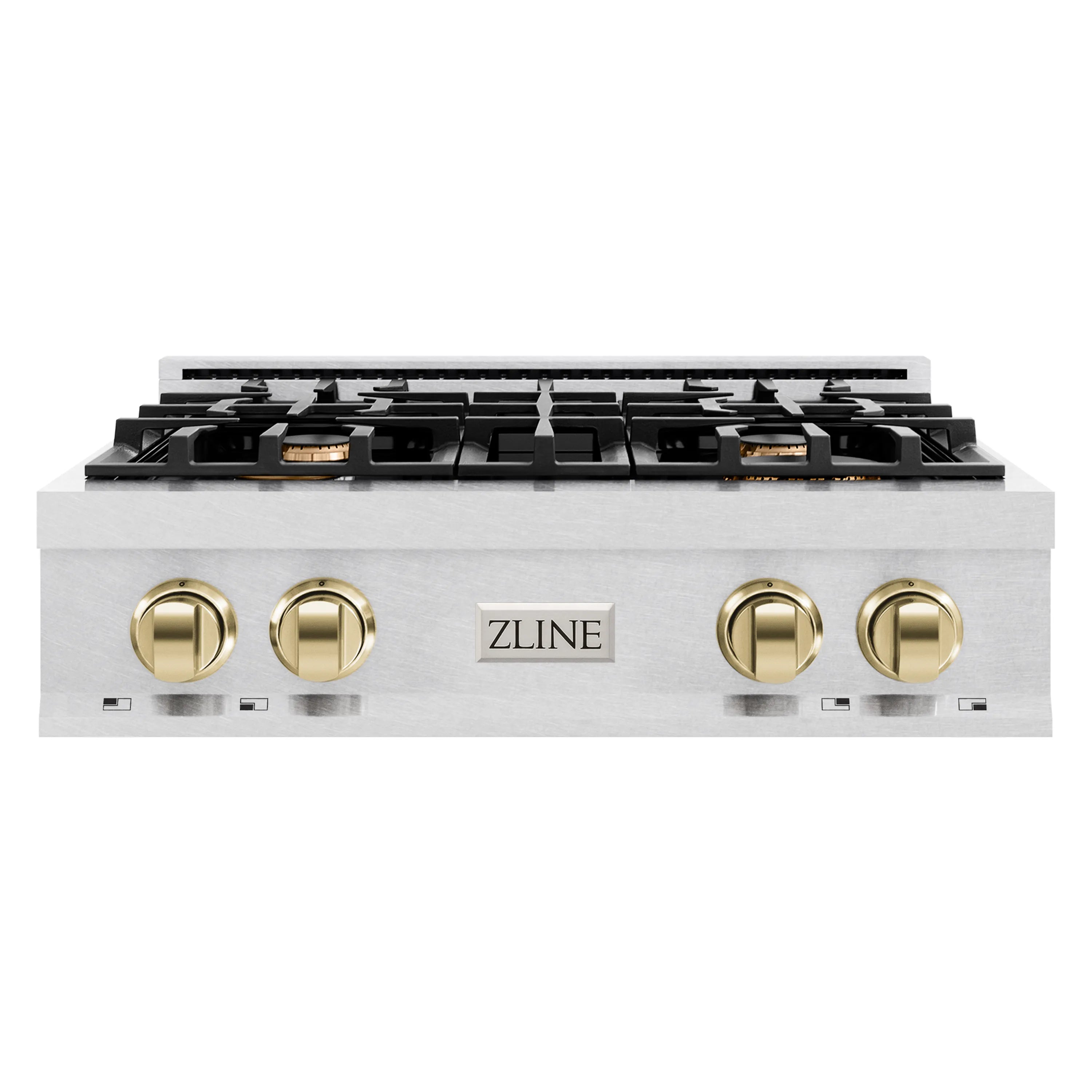 Stainless steel 30-inch gas rangetop with four brass-gold control knobs