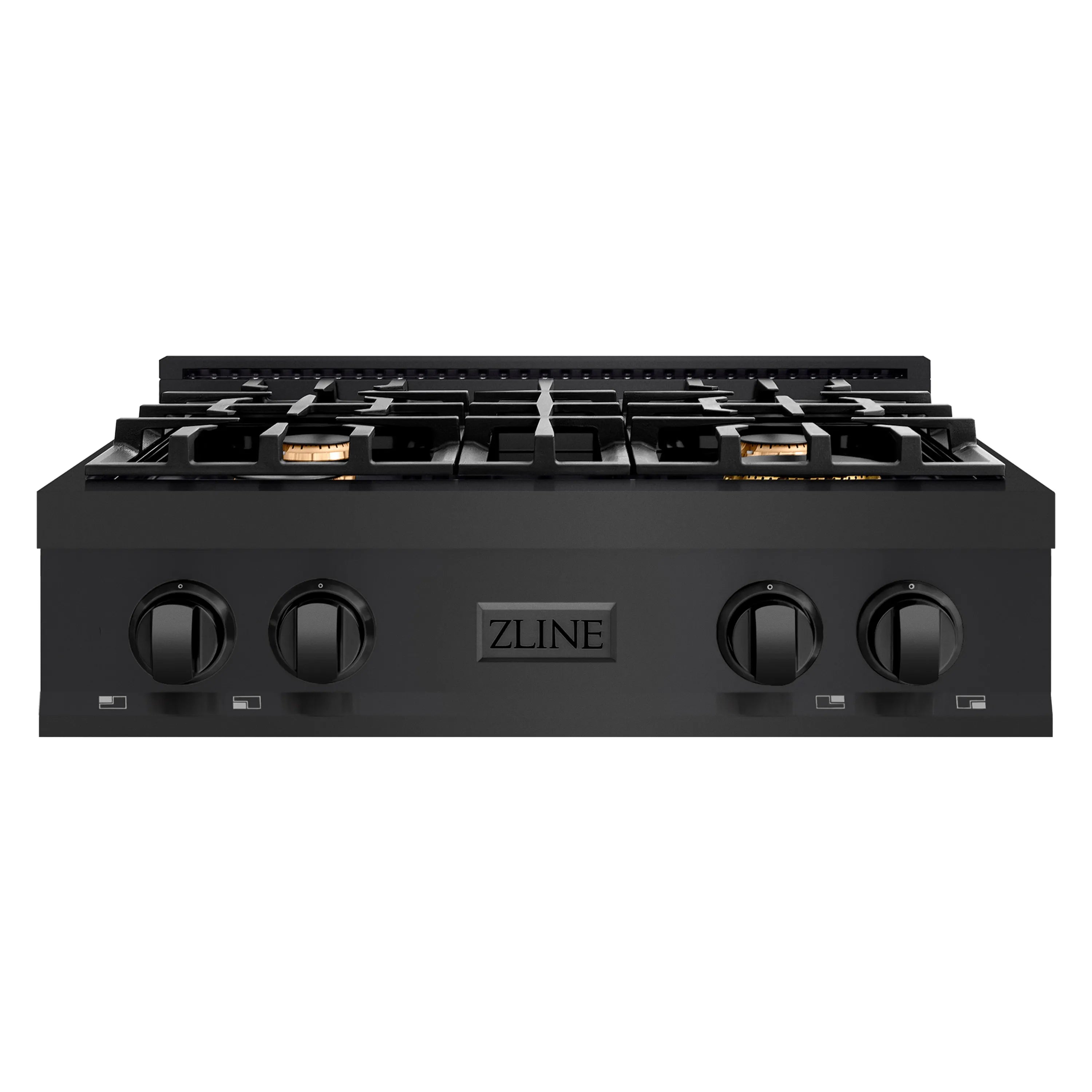 Black gas rangetop with four burners and control knobs, front view on white background