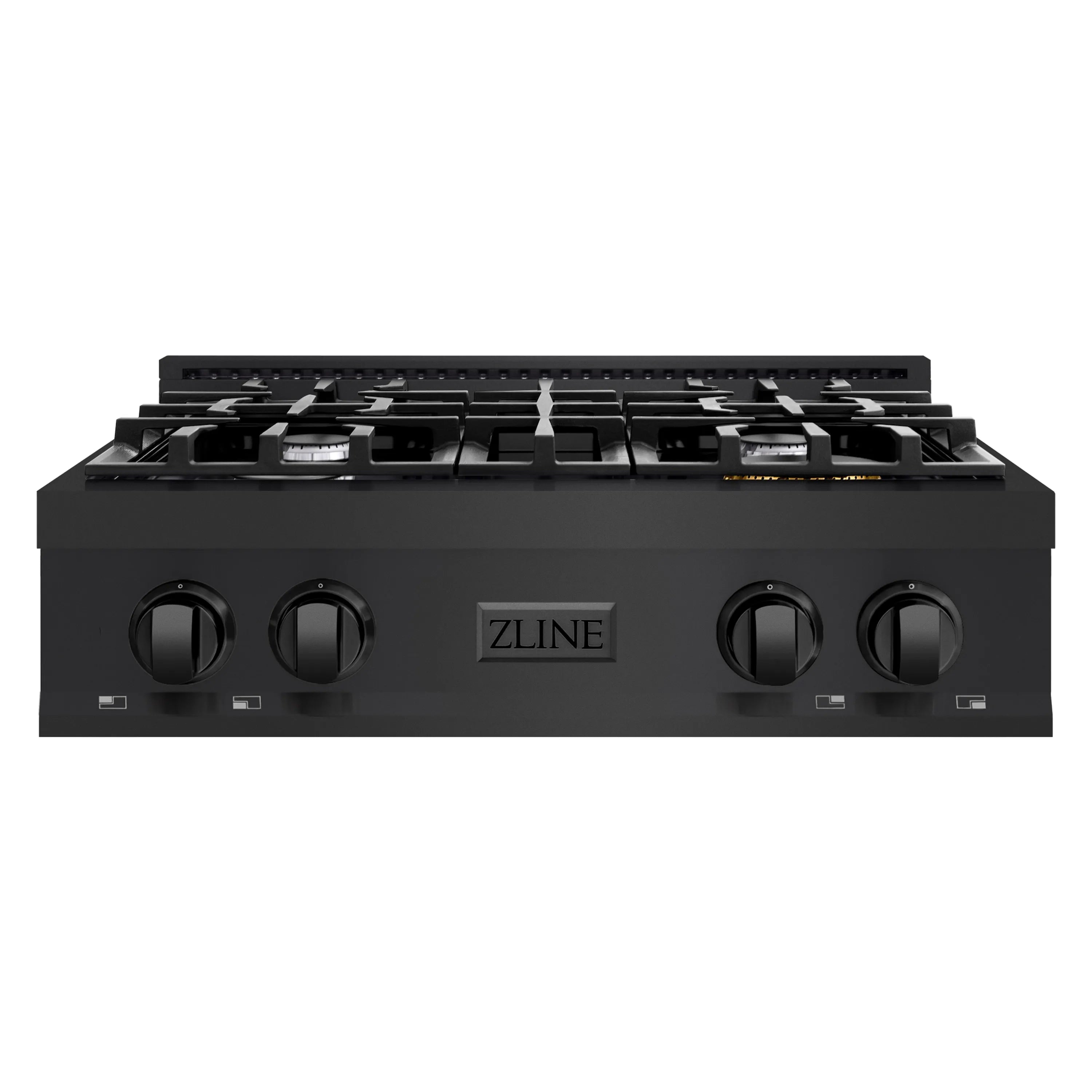 Black gas rangetop with four burners, front knob controls, and ZLINE logo