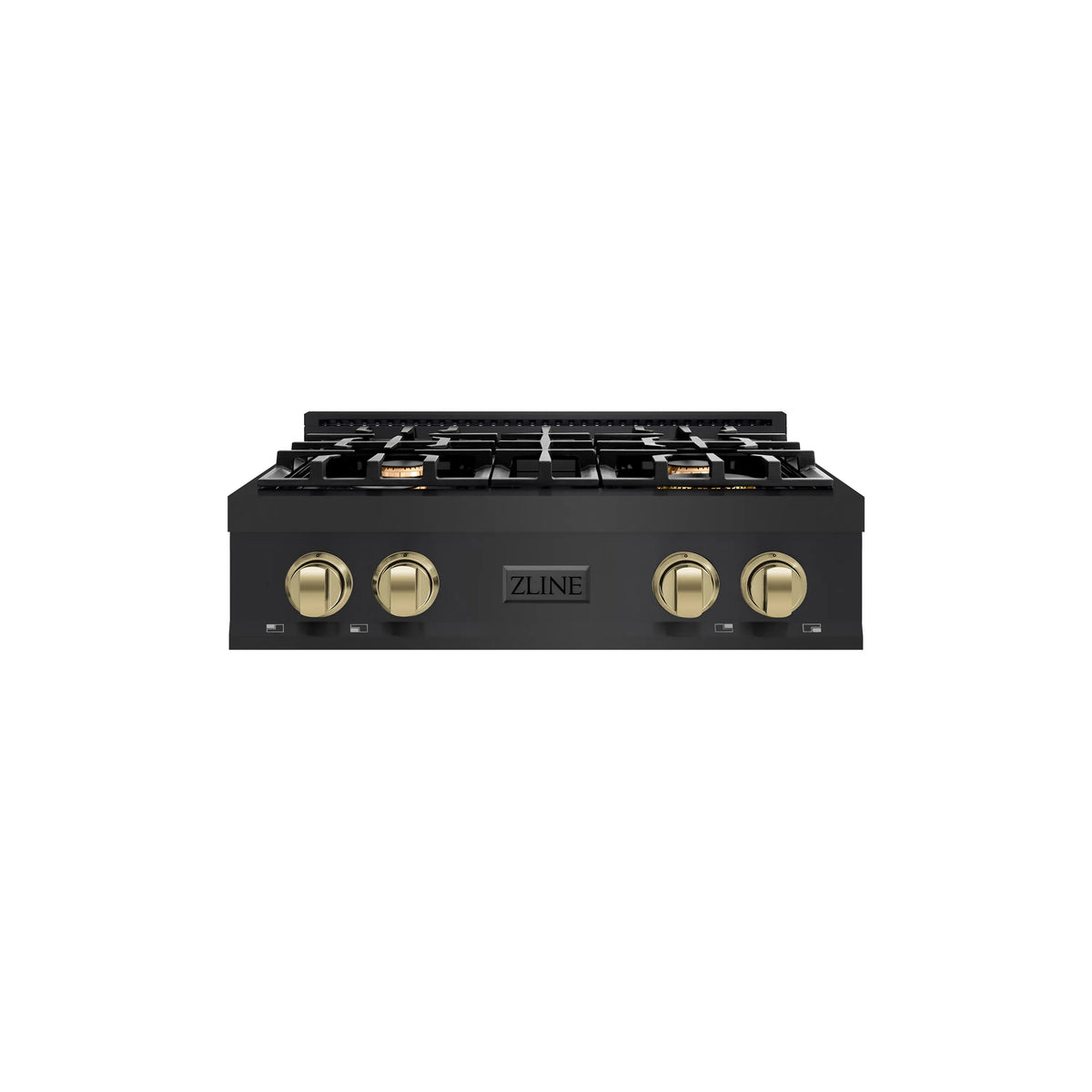 Black stainless steel gas rangetop with four burners and champagne bronze control knobs