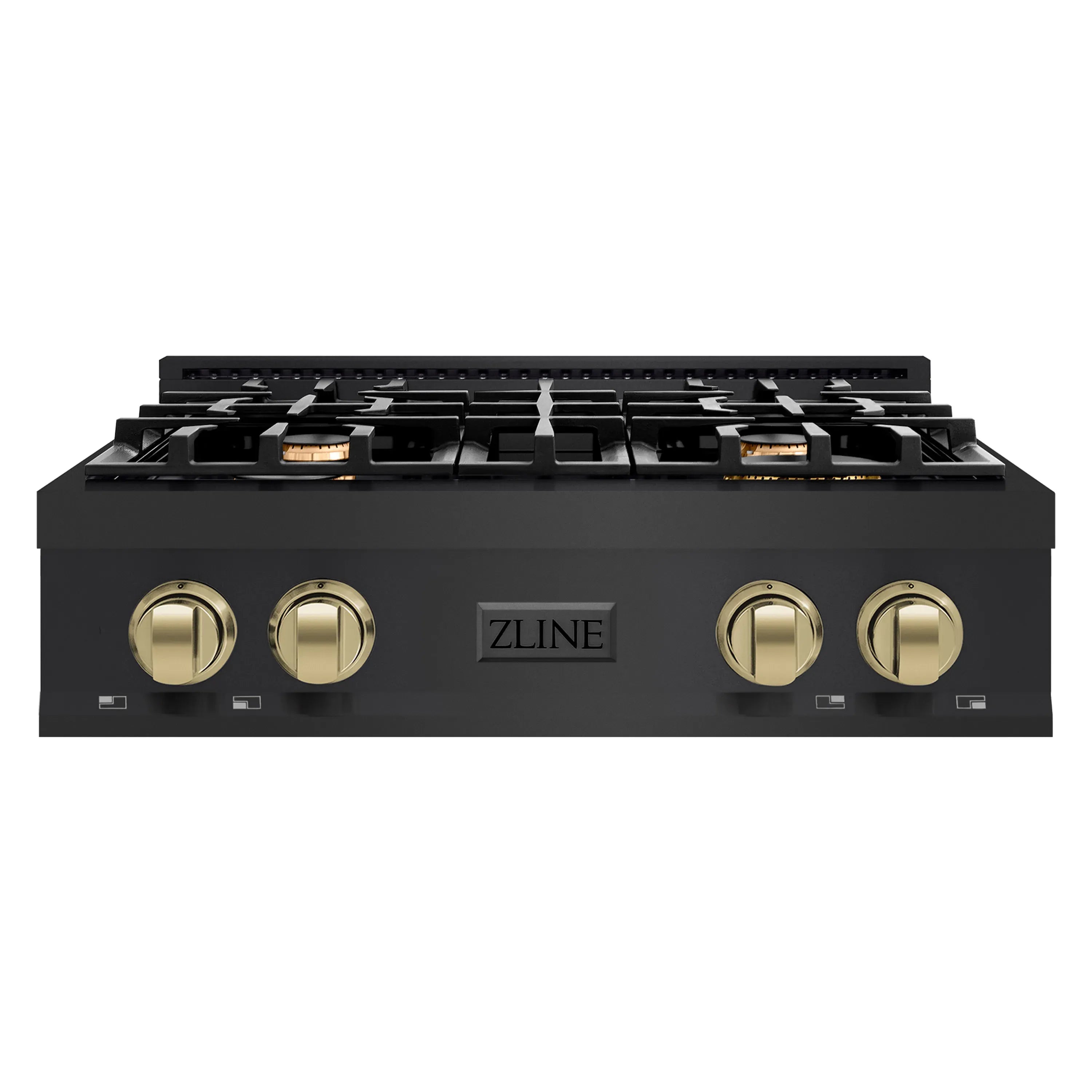 Front view of black gas rangetop with four burners and champagne bronze control knobs