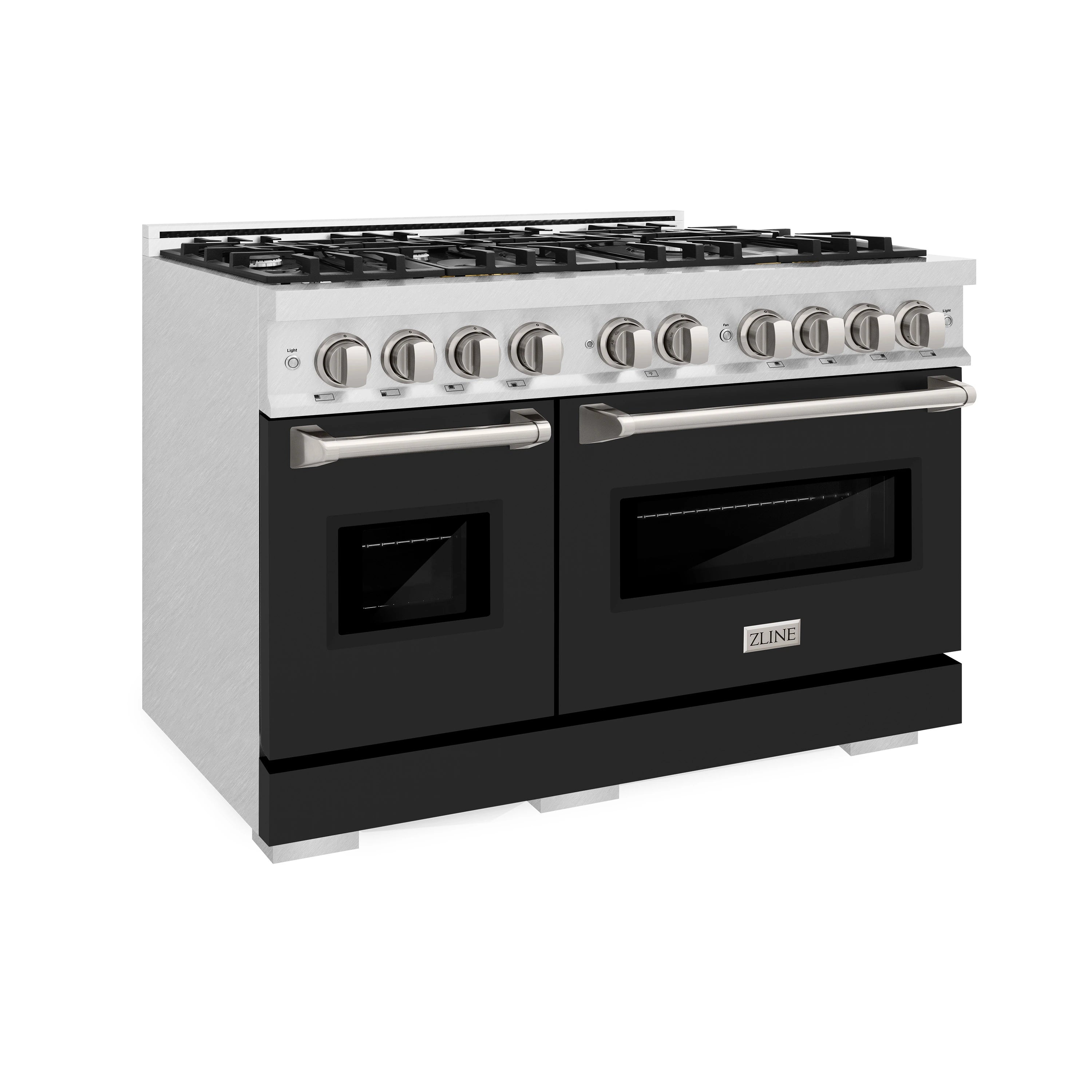 3/4 view of stainless and black dual oven range with burner grates and control knobs