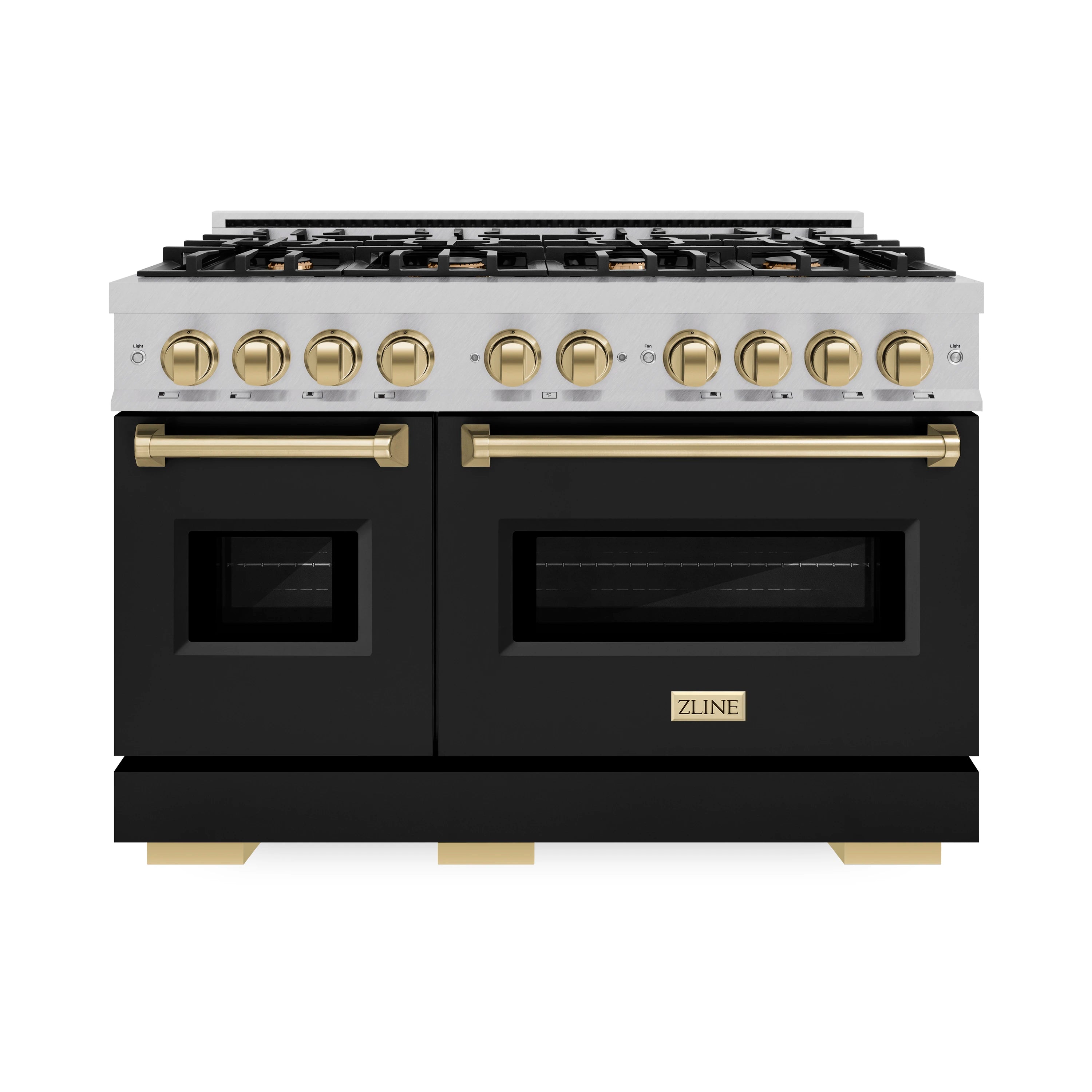 Front view of dual fuel range with black matte doors and champagne bronze control knobs