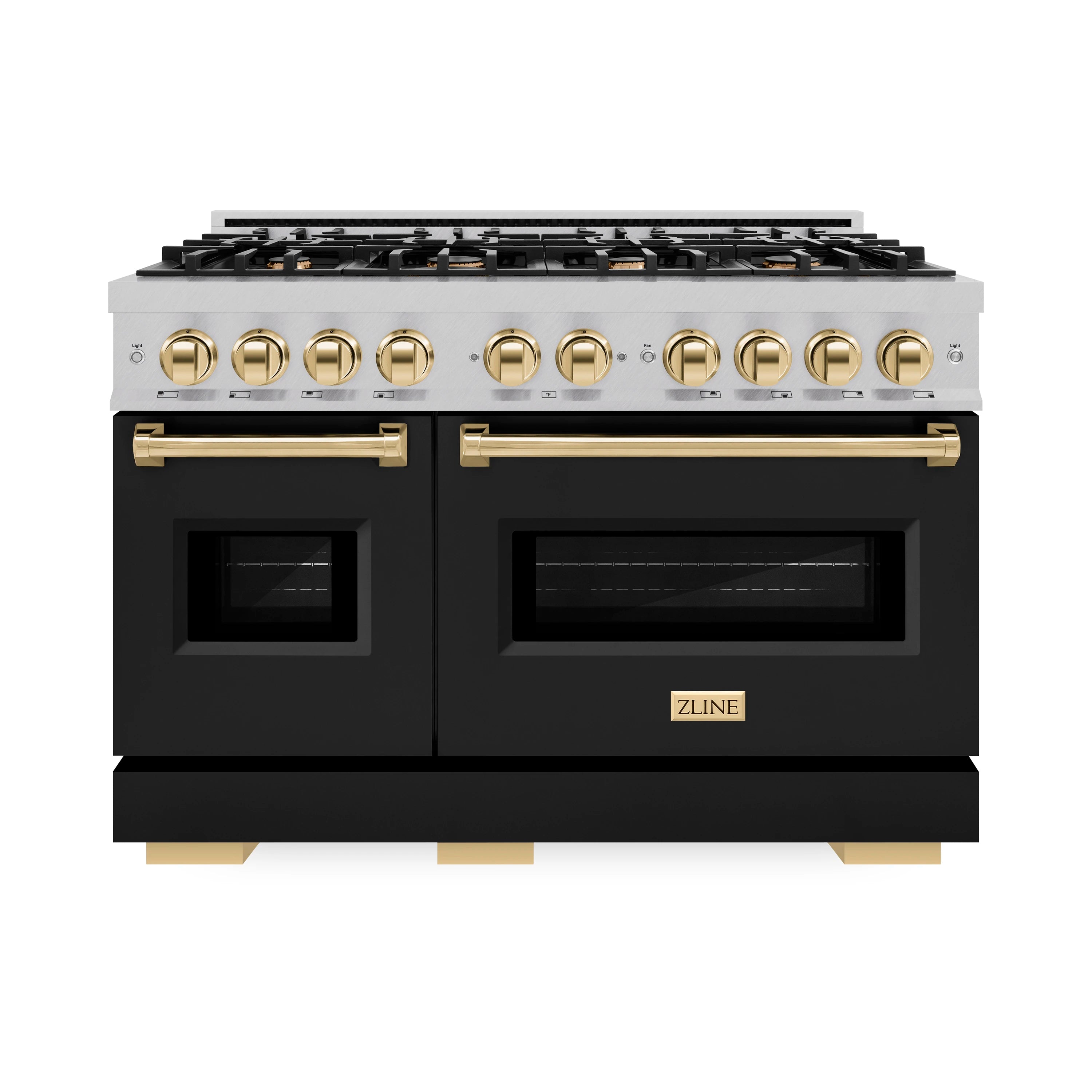Dual fuel range front with stainless top, gold control knobs, and black oven windows