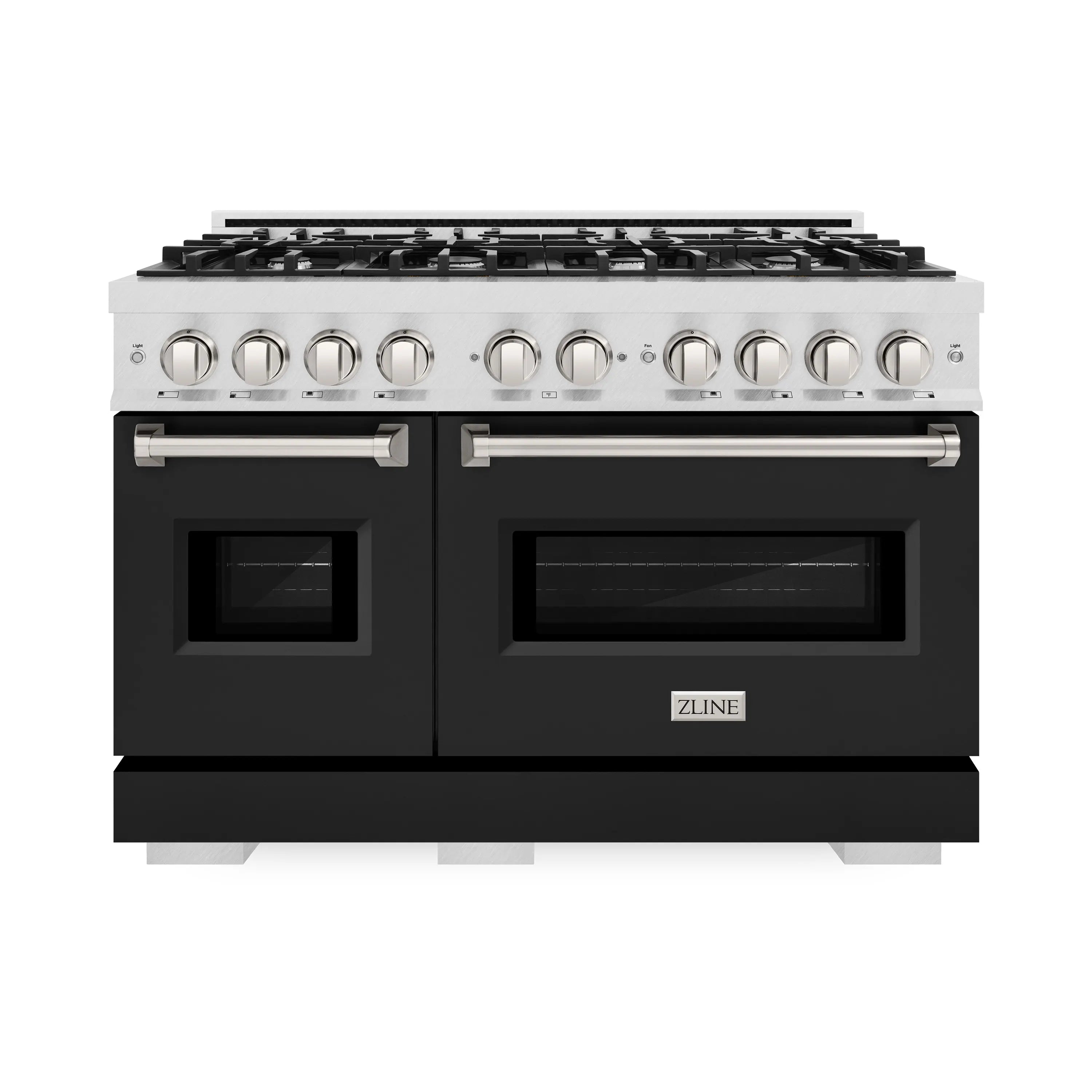 Gas range front with stainless cooktop, black doors, and centered control panel