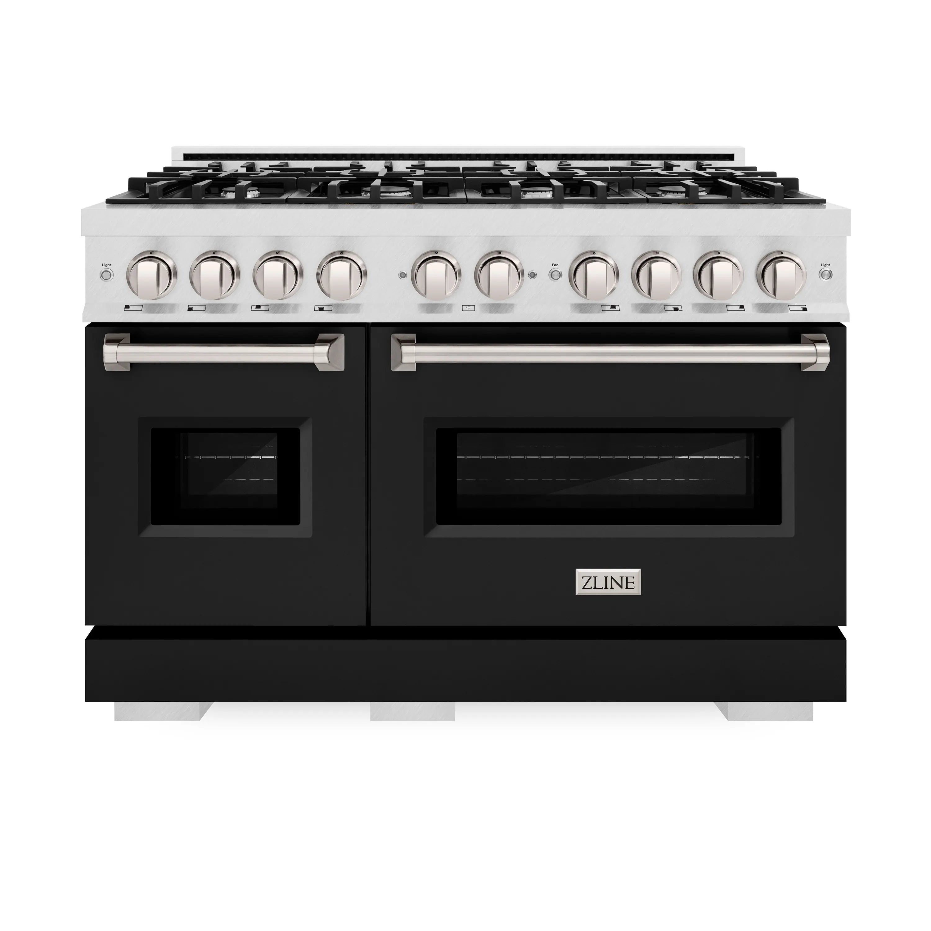 Gas range front with black matte doors, two oven windows, and silver control knobs