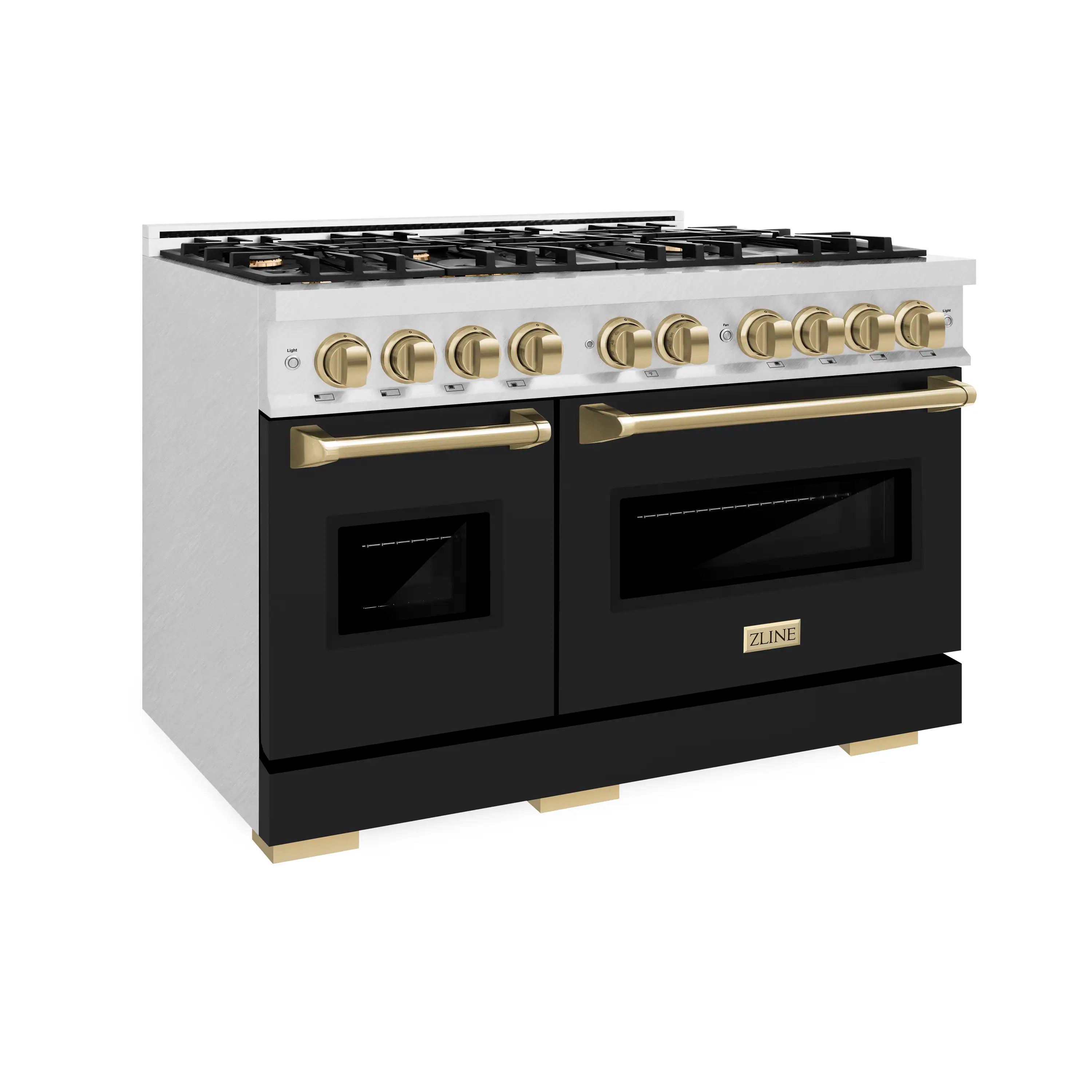 Gas range front view with stainless top, black oven doors, and bronze control knobs