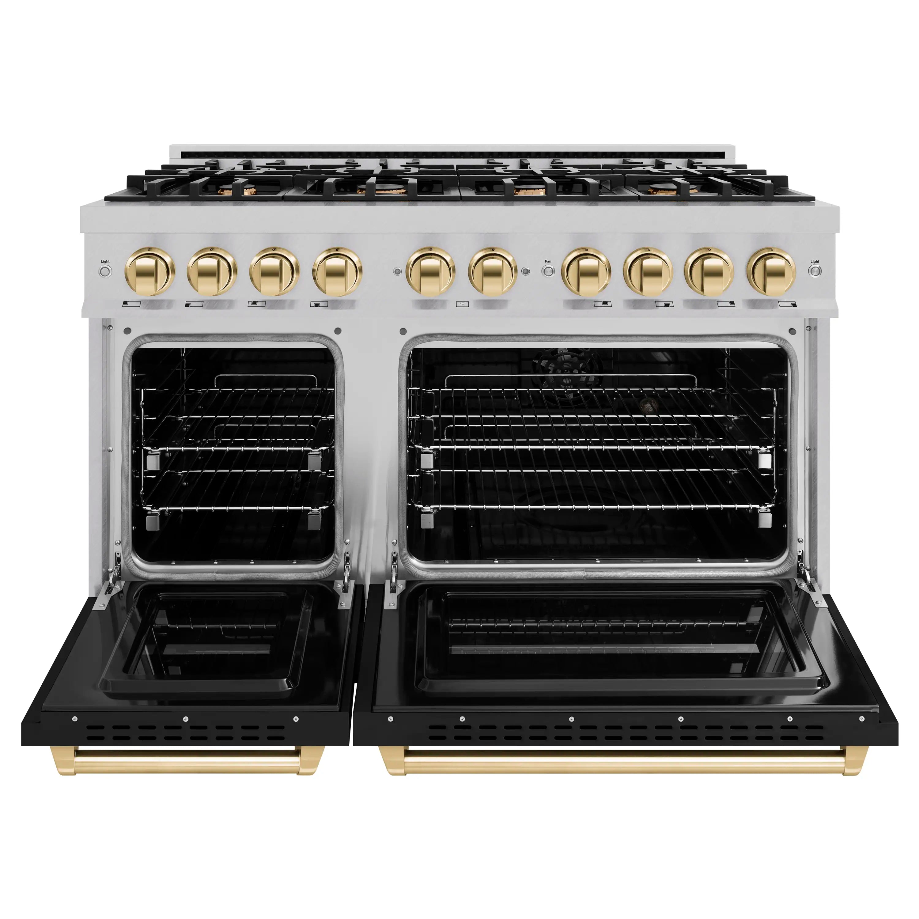 Gas convection oven with both doors open, stainless interior racks, and gold handle bars