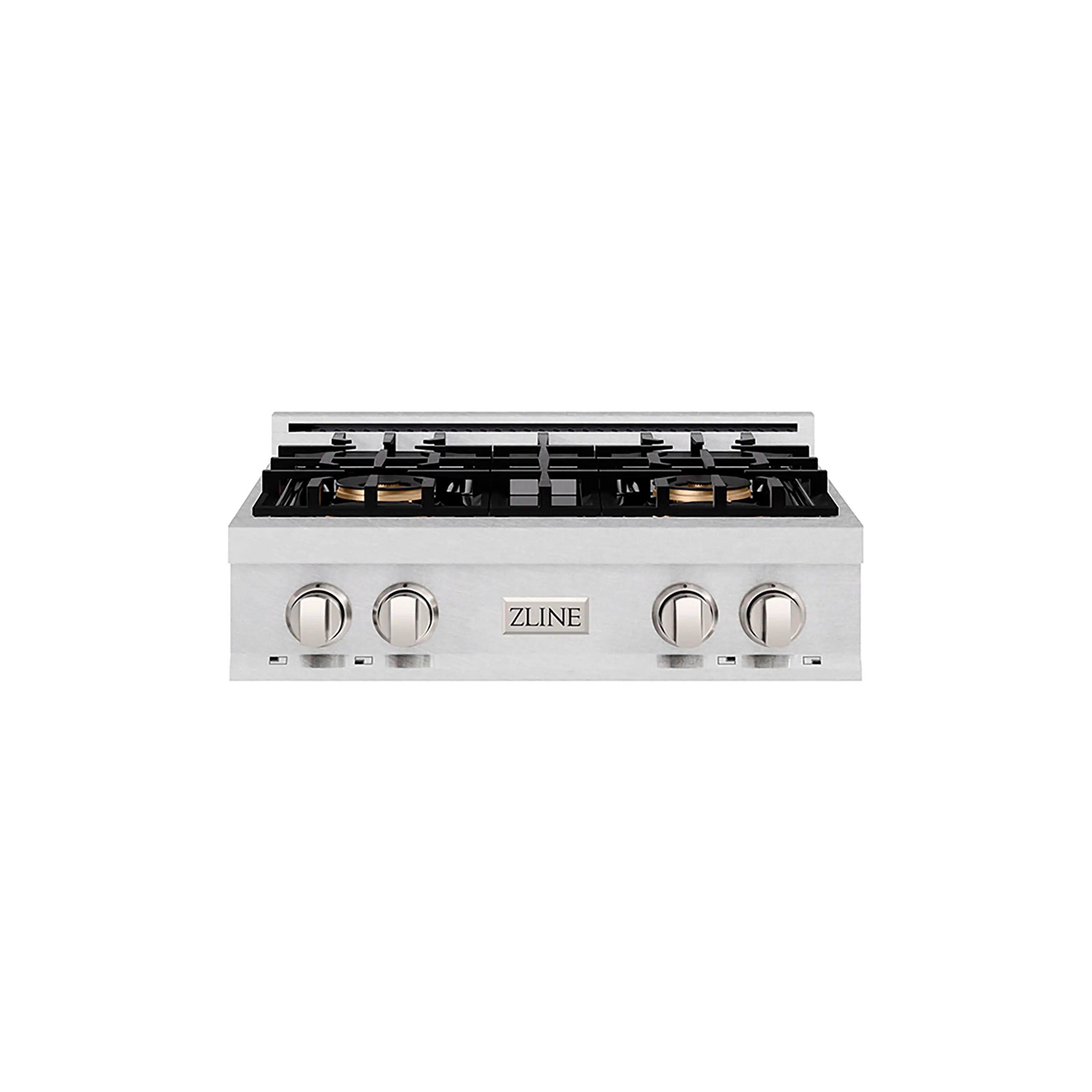 ZLINE 30-inch gas rangetop front view in satin stainless steel with four knobs