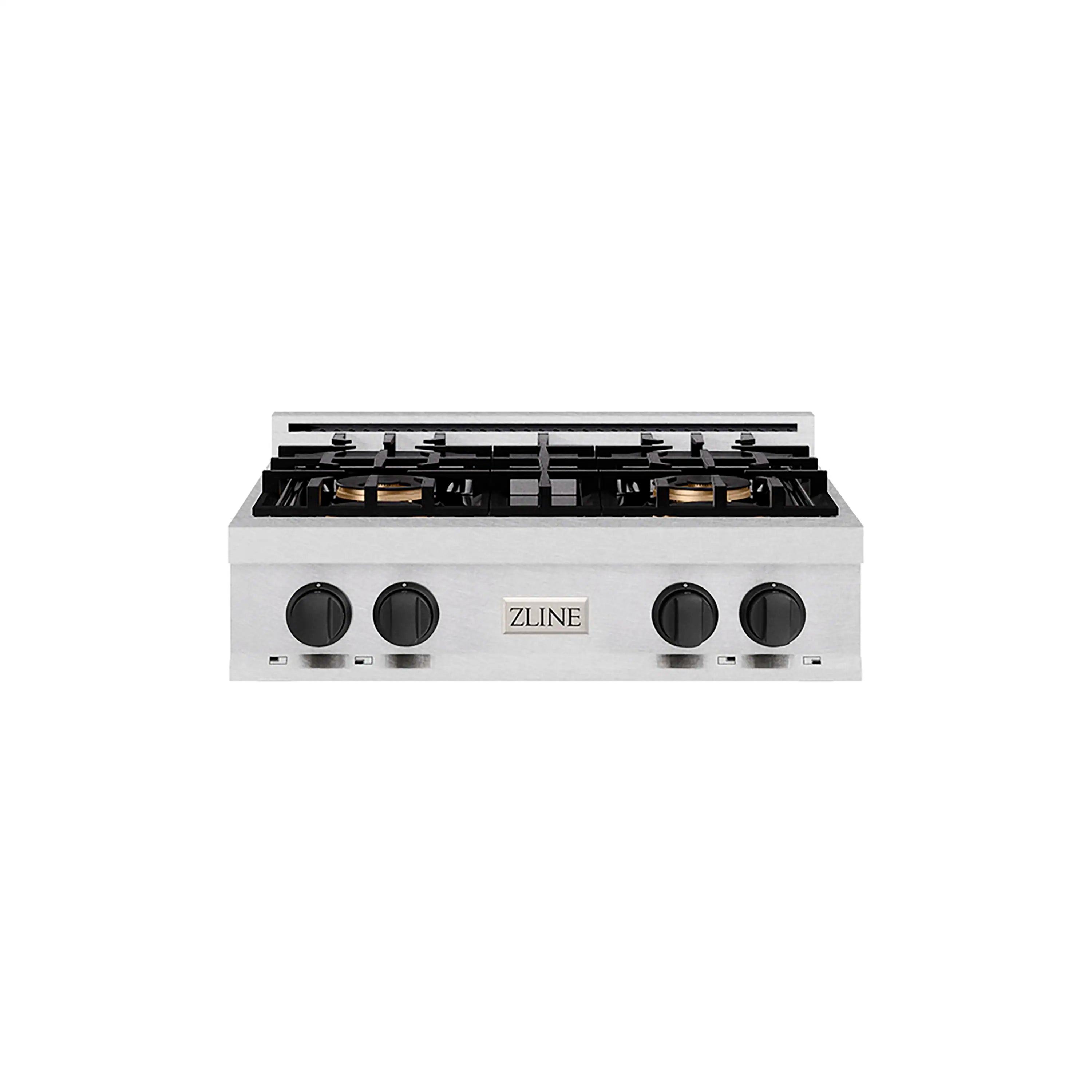 30-inch gas cooktop front view with satin stainless steel and four black control knobs