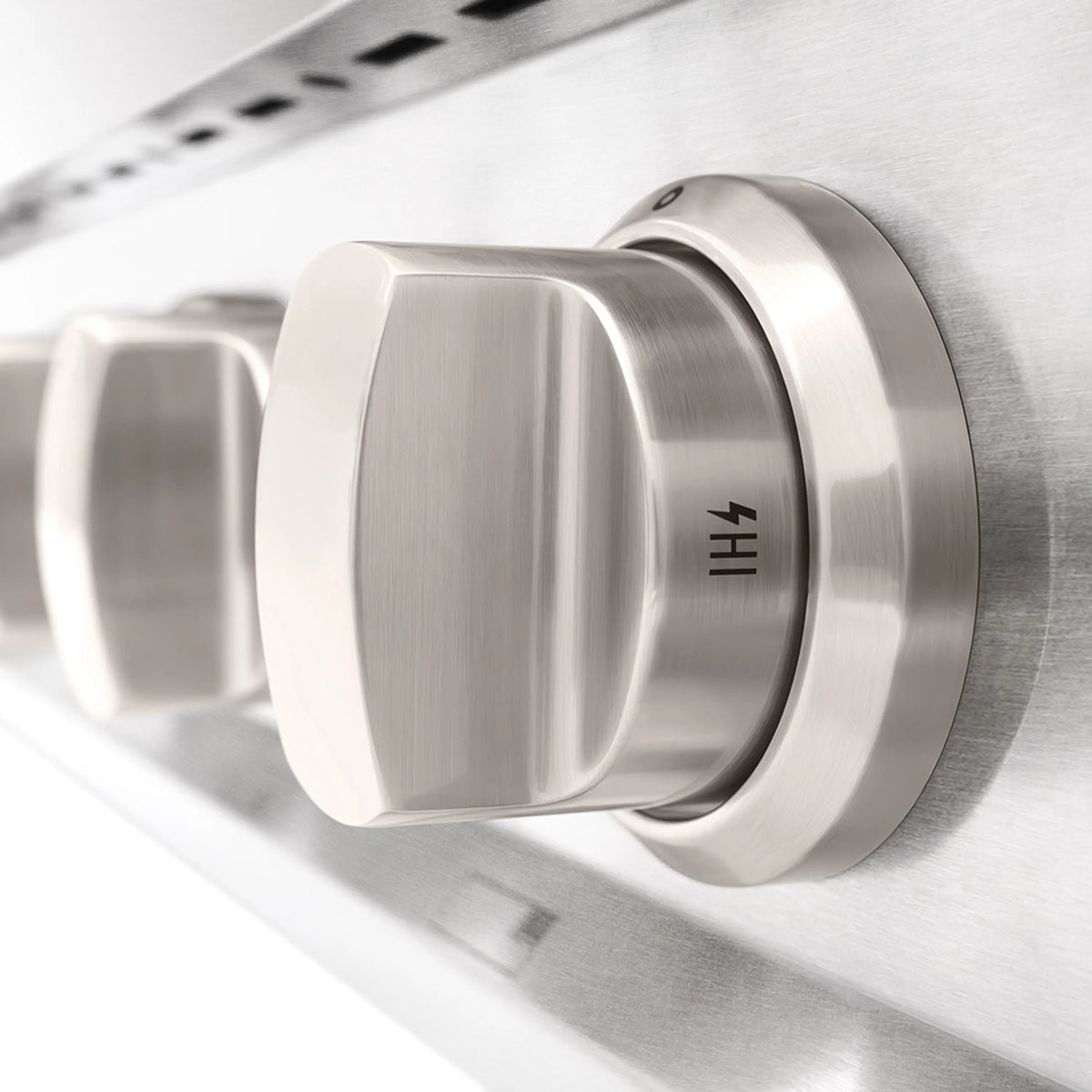 Satin stainless steel gas control knob with ridged grip and HI marking