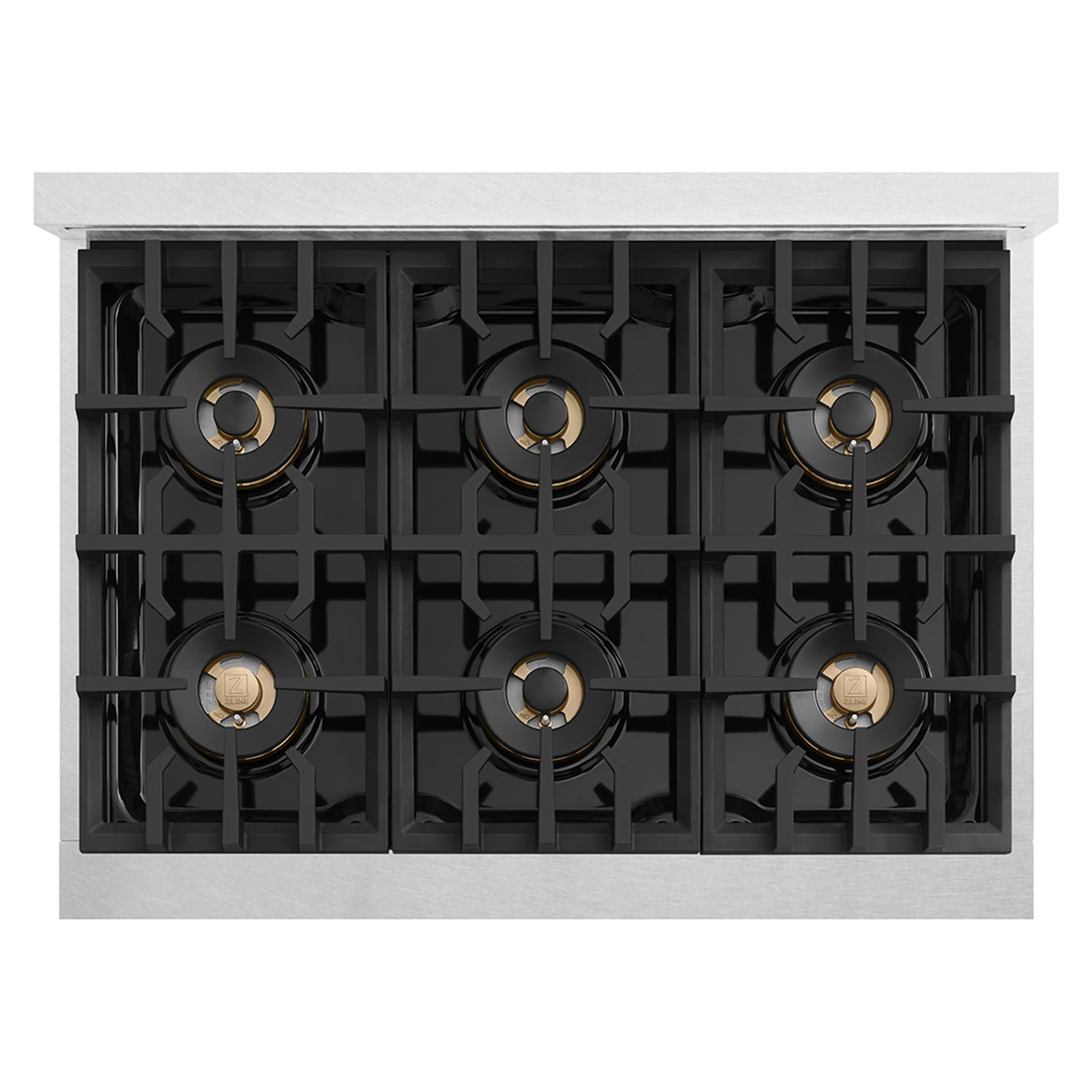 Built-in view of satin stainless steel 6-burner gas cooktop with black grates