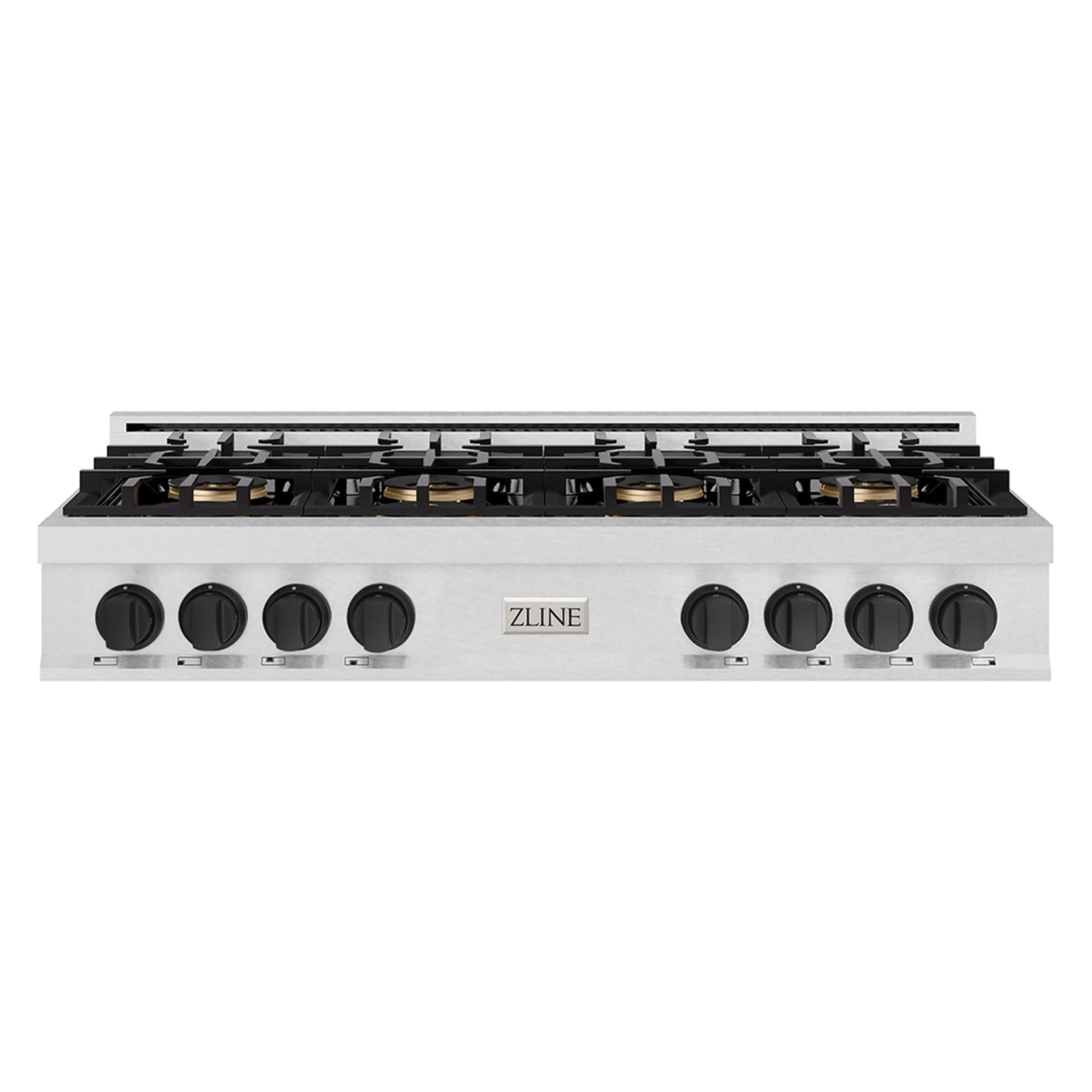 48-inch gas rangetop front with satin stainless steel body and black control knobs