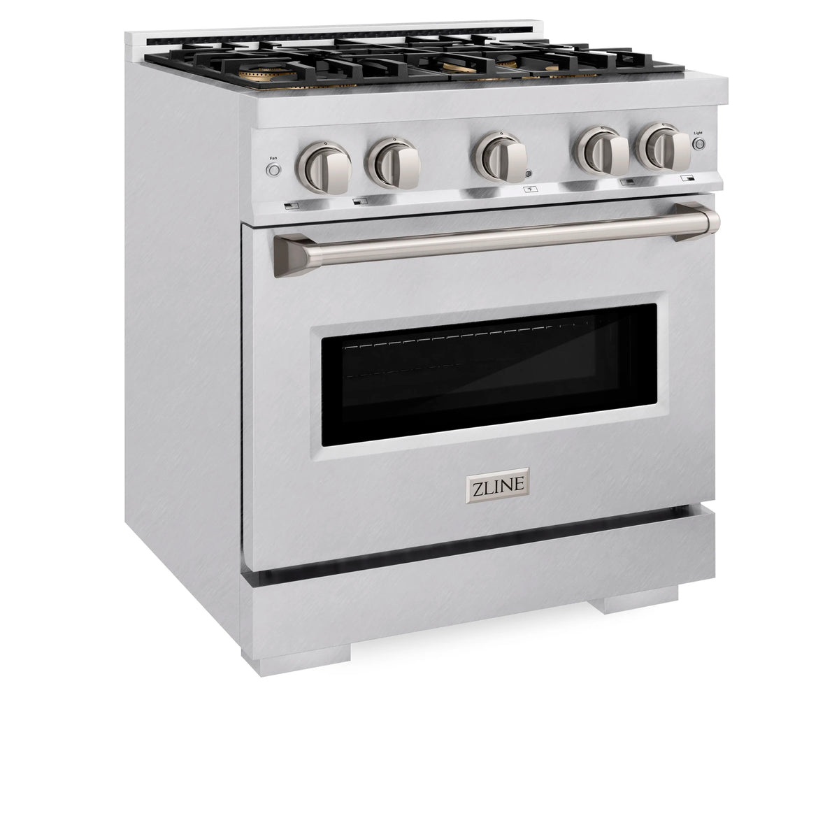 Freestanding dual fuel range with four-burner cooktop and oven door