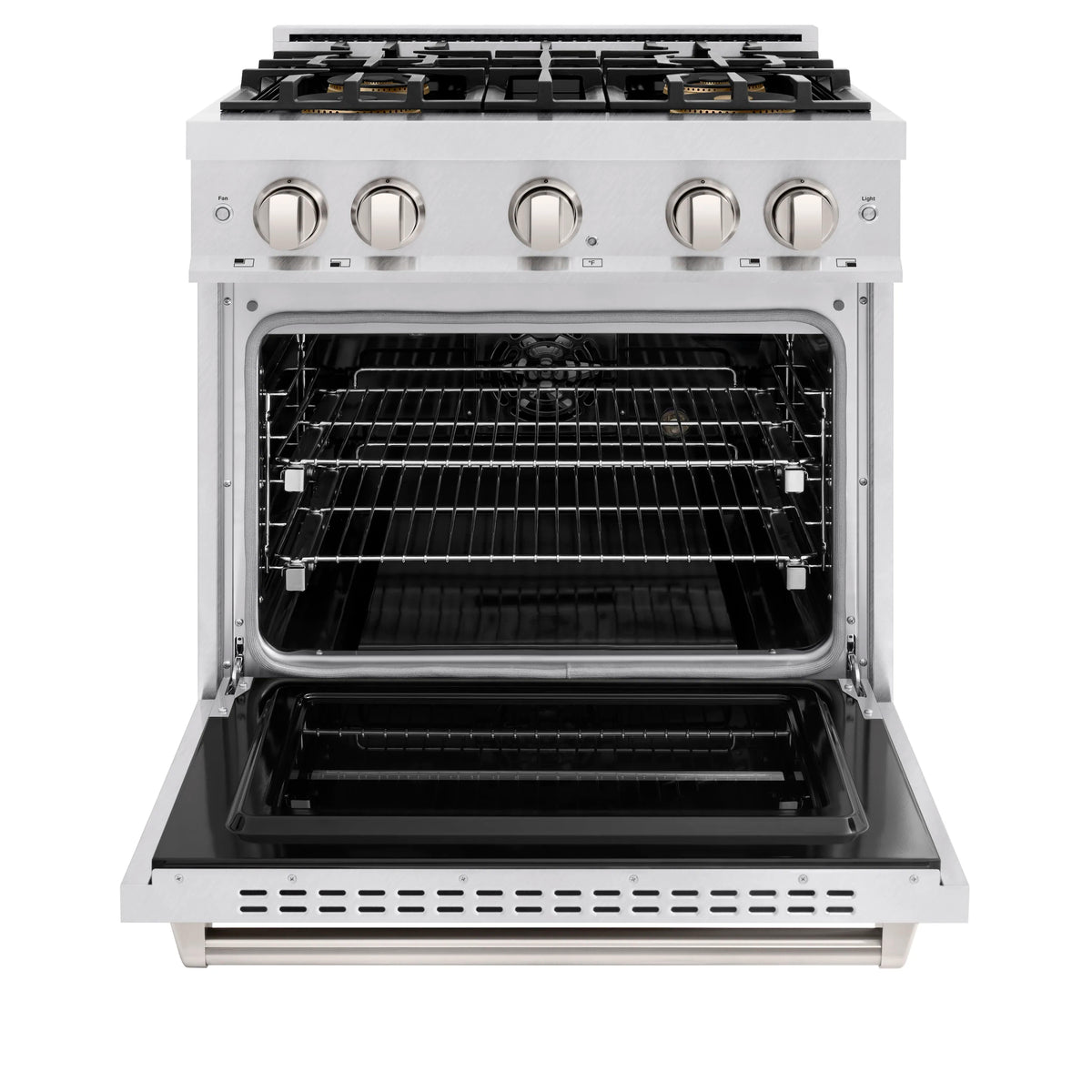 Satin stainless steel dual fuel range with open convection oven and four burners