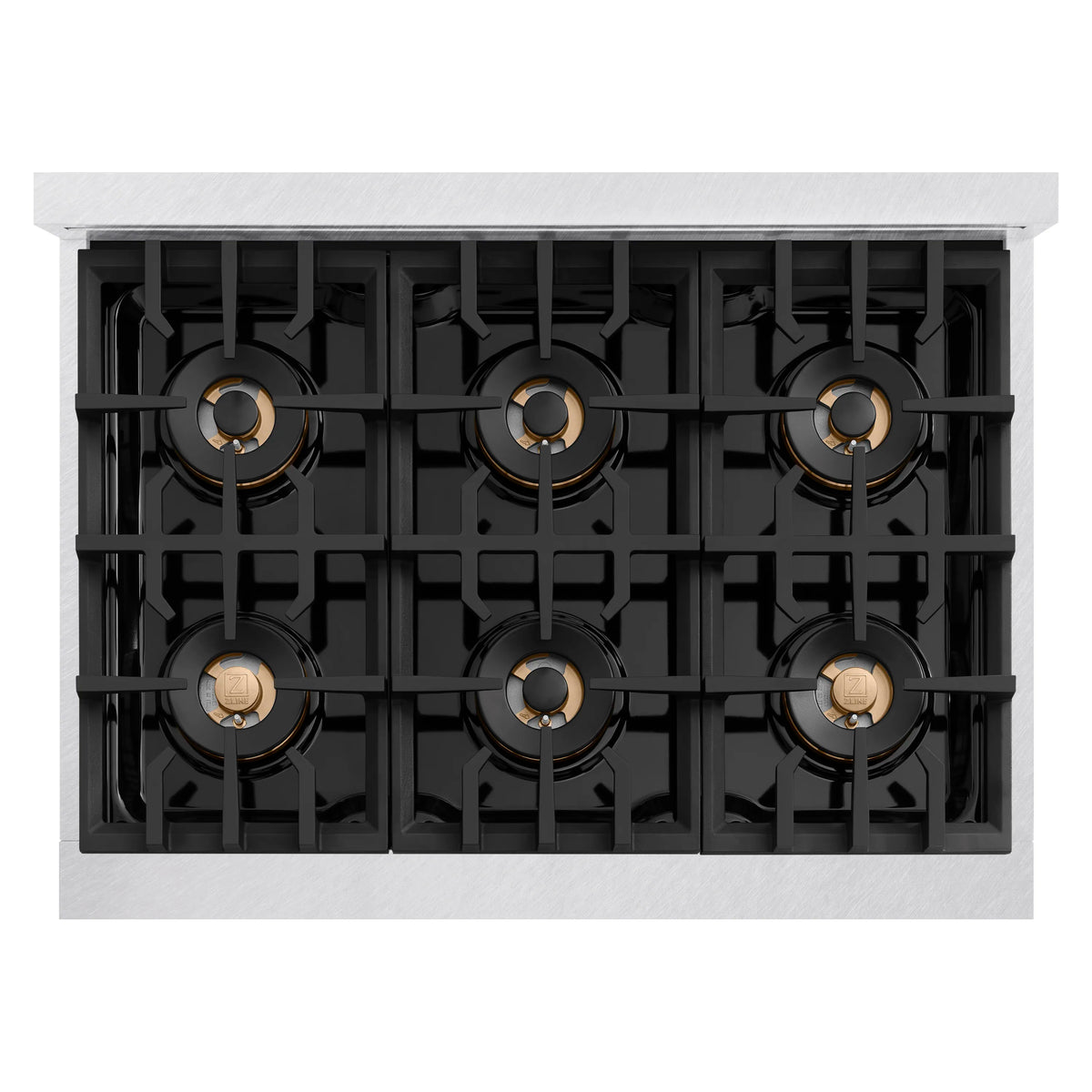 Dual fuel range cooktop with 6 black gas burners and cast-iron grates