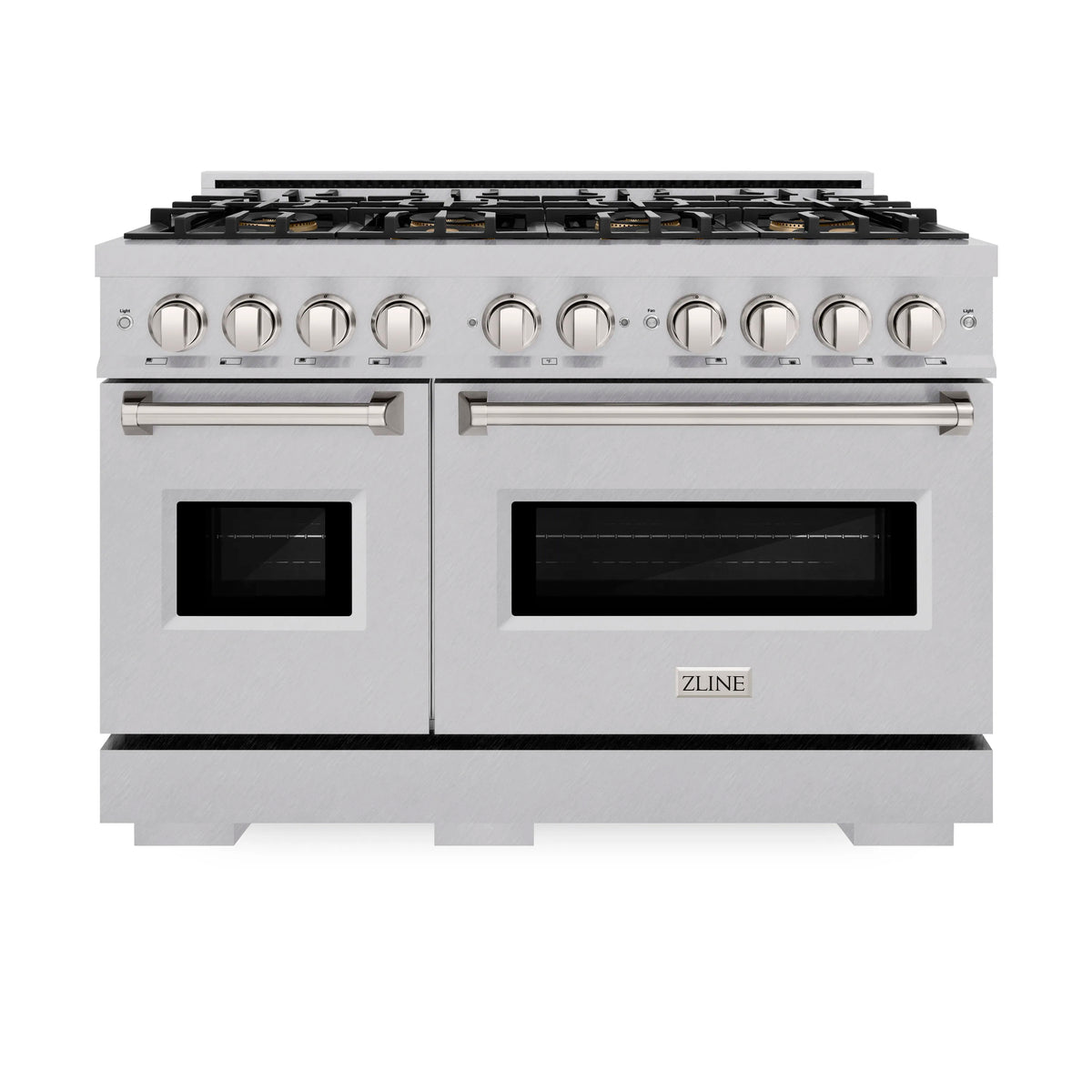 ZLINE 48-inch dual fuel range front view with burner grates and dual ovens