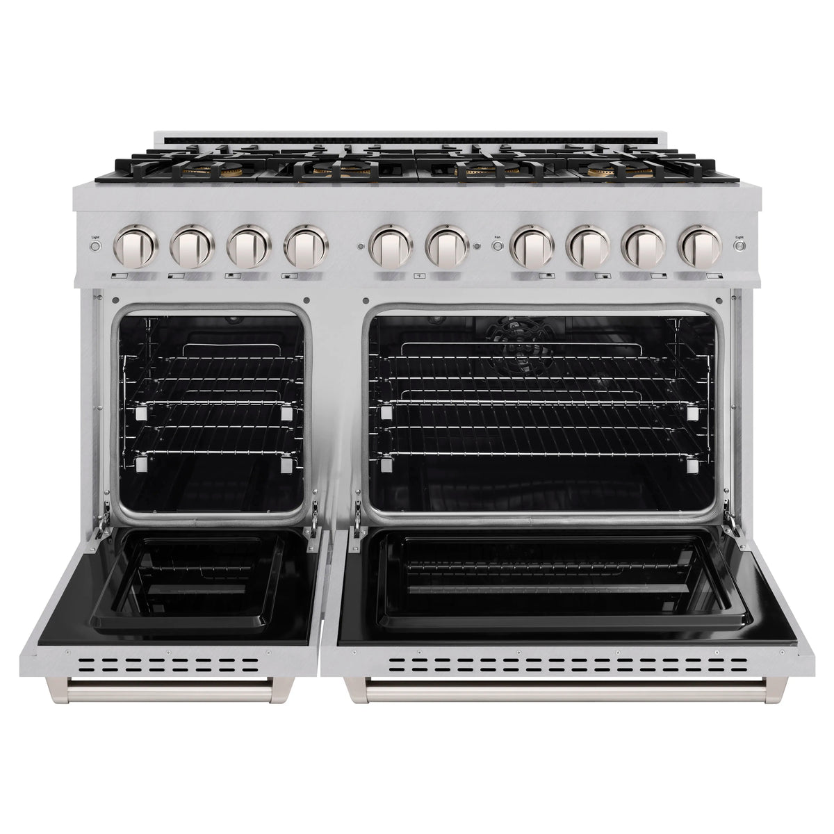 ZLINE dual fuel range with both oven doors open, showing racks and baking chamber
