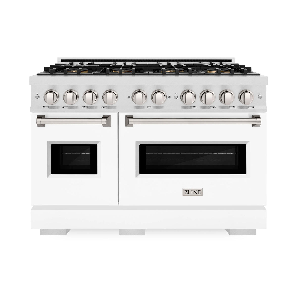 White dual fuel range with 8-burner cooktop and dual ovens, front view