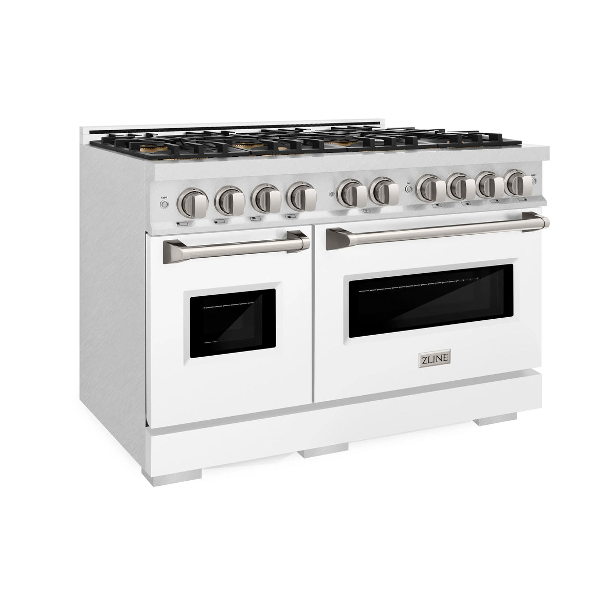 ZLINE dual fuel range with 8-burner cooktop, control knobs, and dual ovens in white body