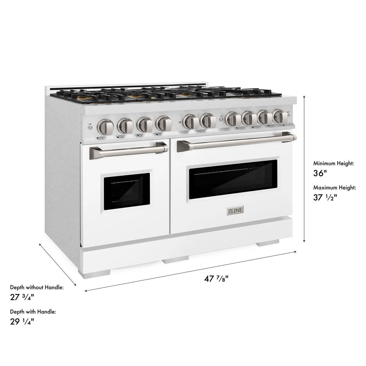 ZLINE dual fuel range angled view showing 8-burner cooktop and two oven doors