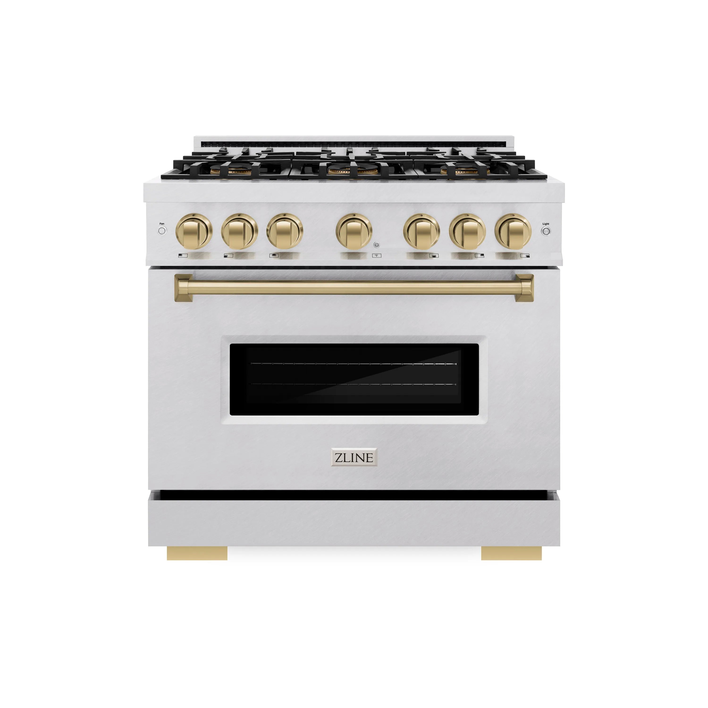 Satin stainless dual fuel range with gold control knobs and black glass oven door