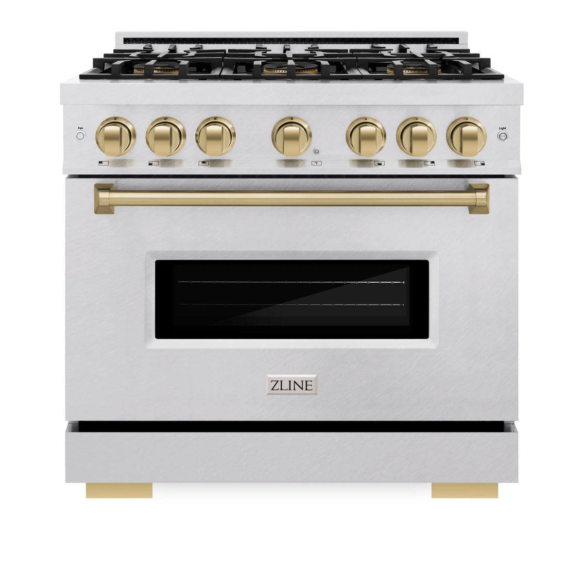 Satin stainless dual fuel range front with six-burner cooktop, gold knobs, and black oven door