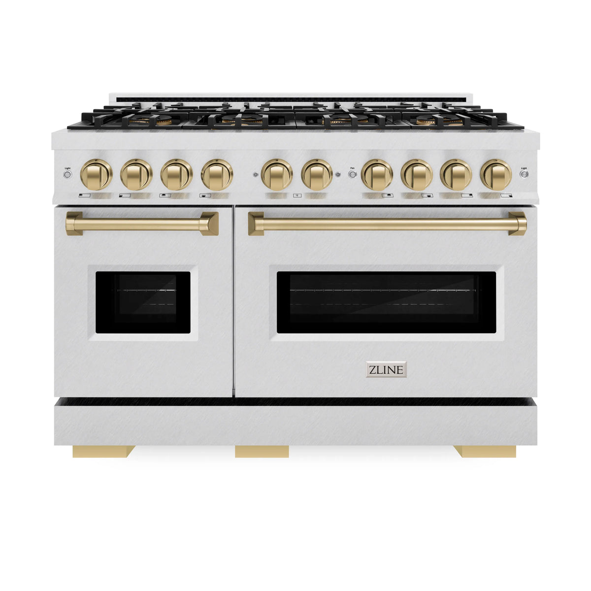 Satin stainless dual fuel range front view with champagne bronze knobs, handles, and two ovens