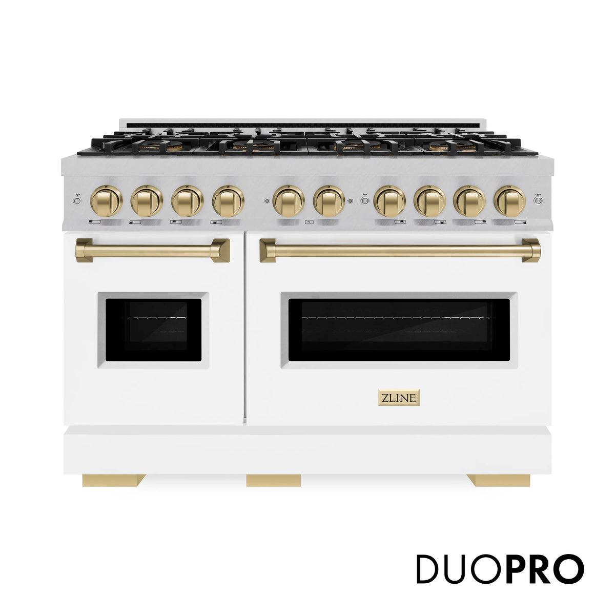 White dual fuel range with black cooktop, gold control knobs, two black oven doors, bronze handles