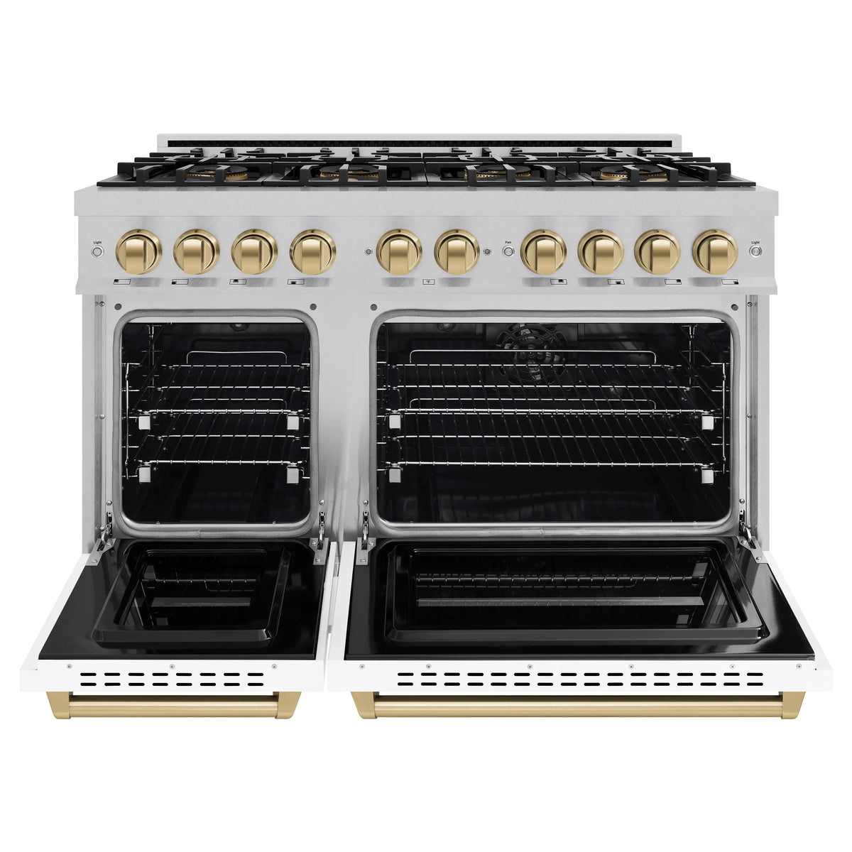Dual fuel range with doors open: two black ovens, gold control knobs, black cooktop grates