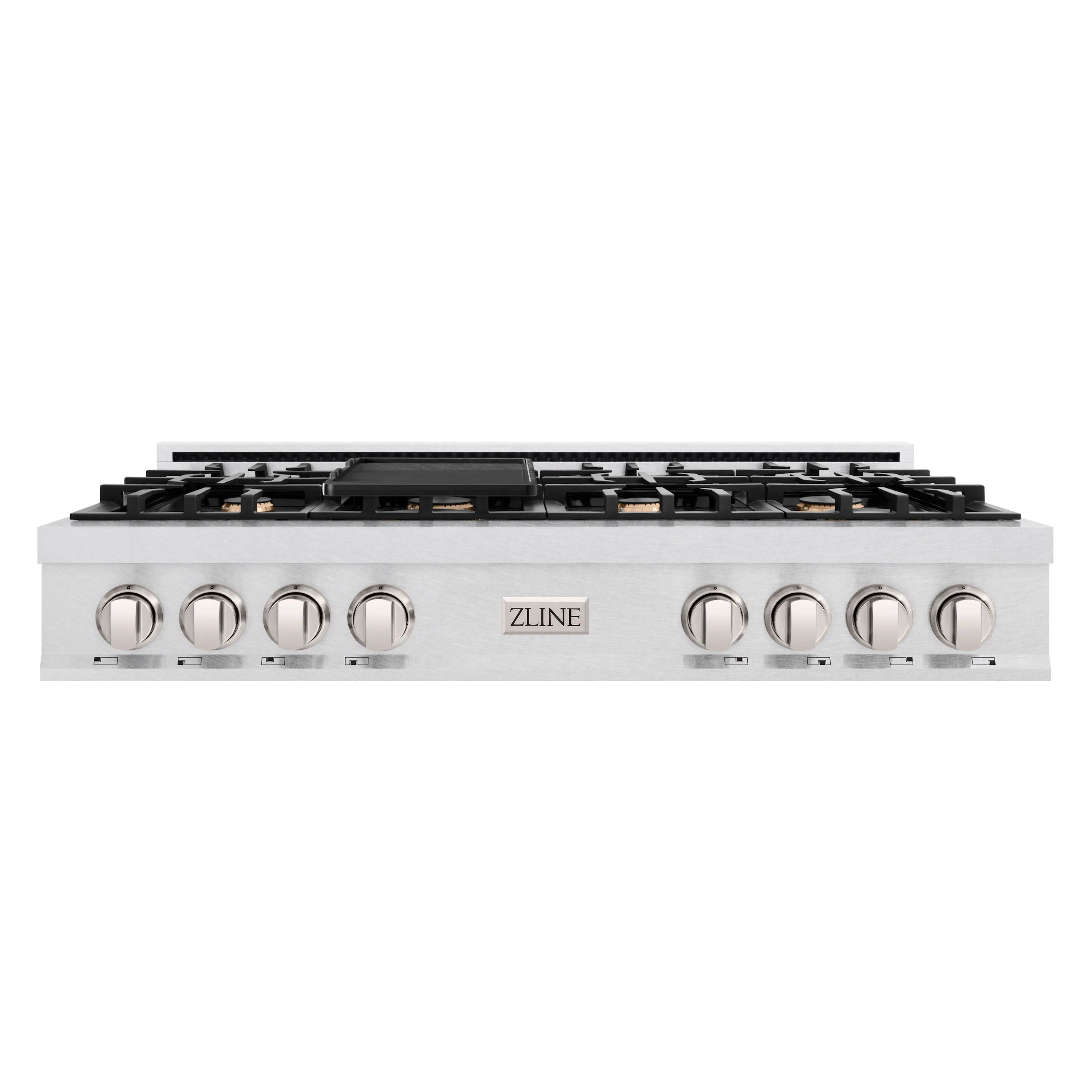 ZLINE stainless gas cooktop with five burners, black grates, and control knobs