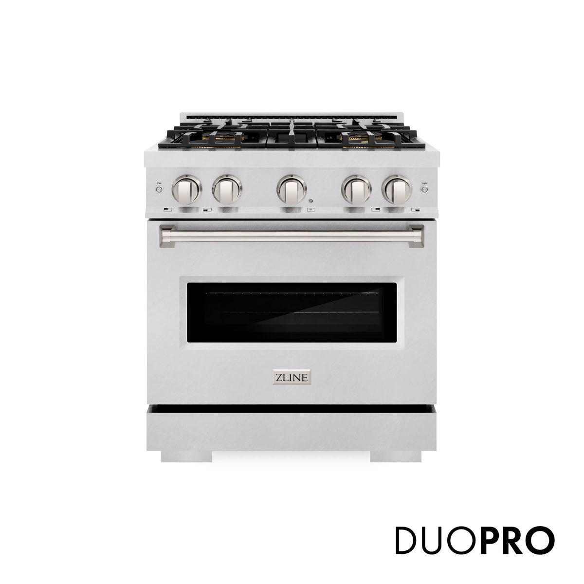 Gas range front view with four burners, stainless control knobs, and oven door window