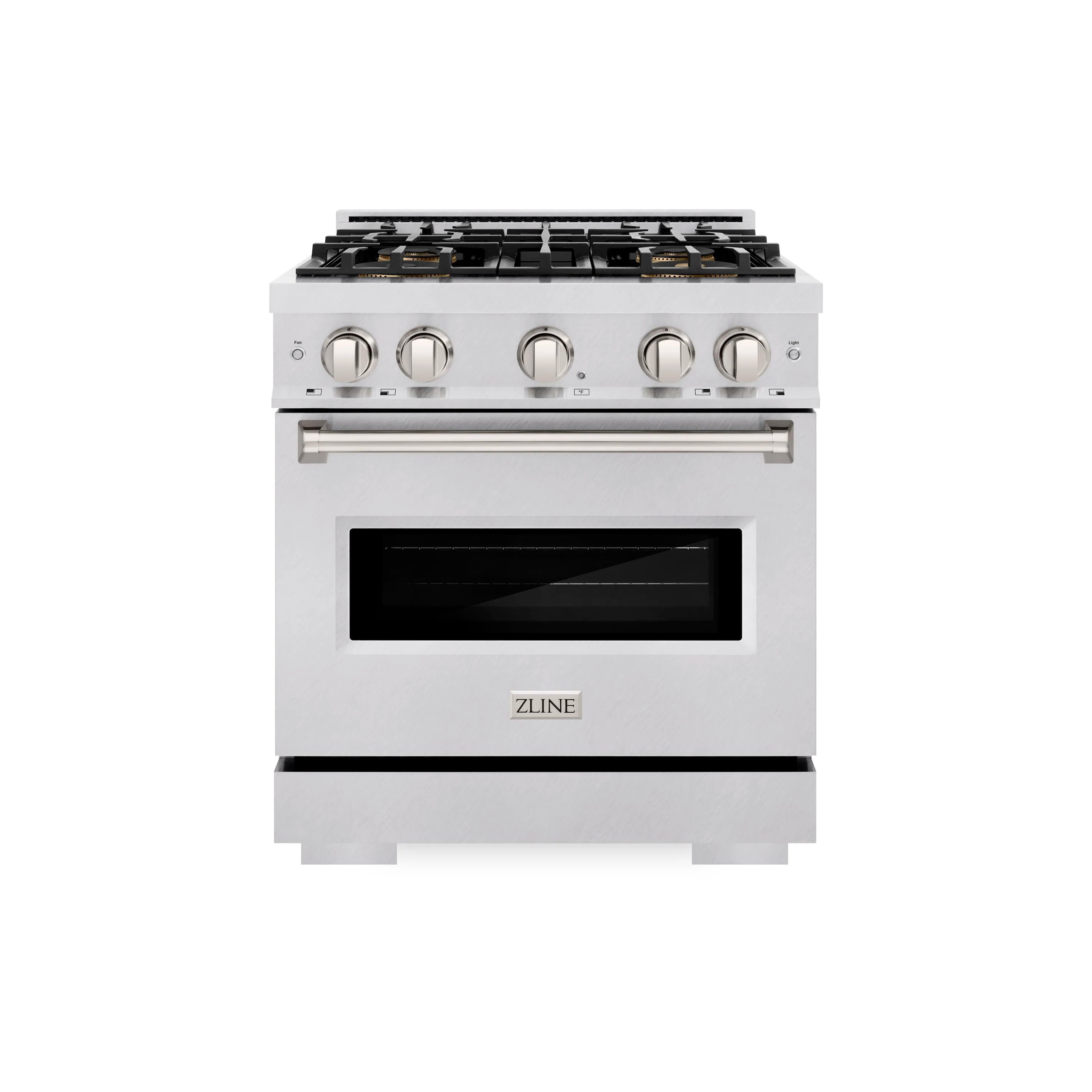 White gas range with four-burner grates, front knobs, and black convection oven window