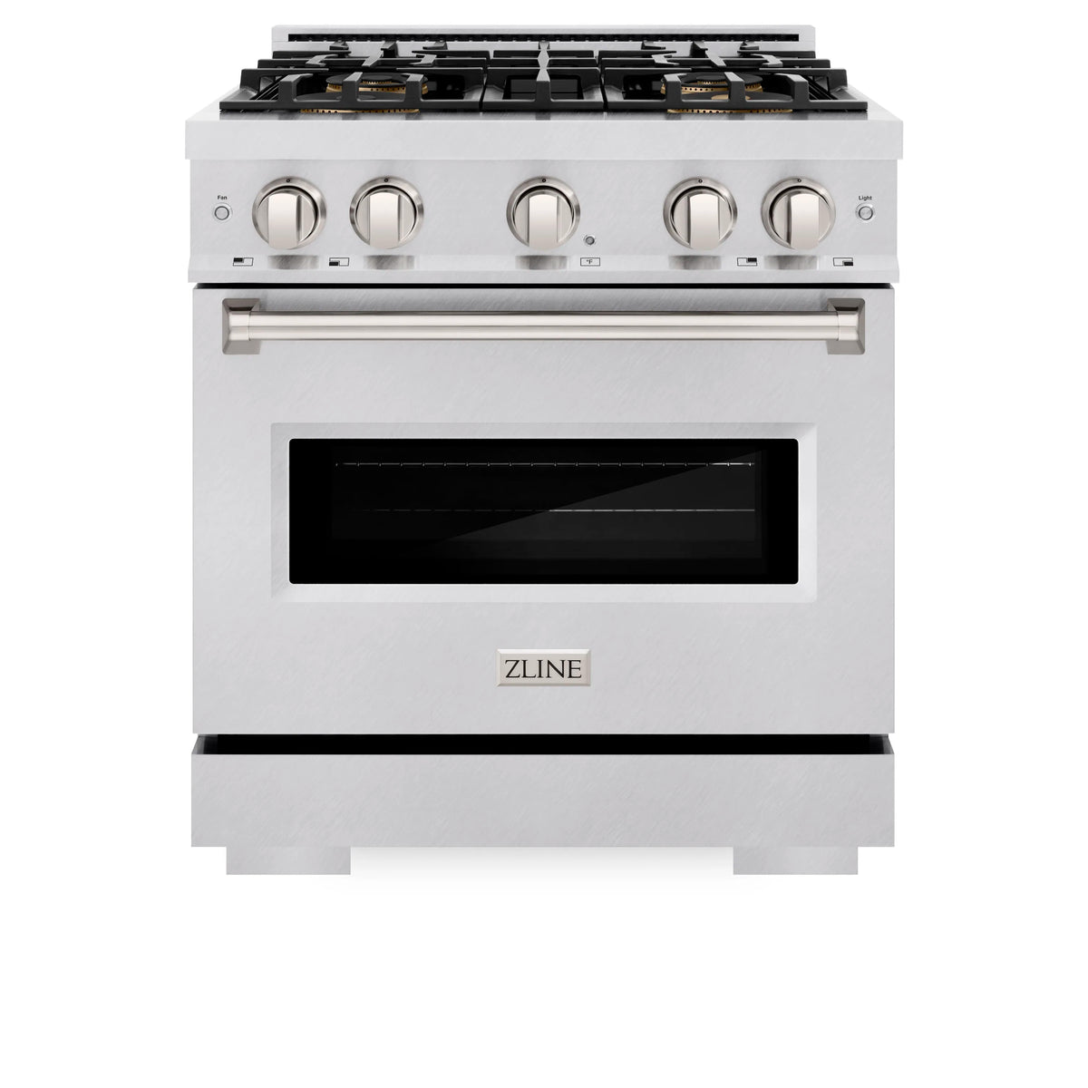 Gas range front view with four burners, control knobs, and black oven window