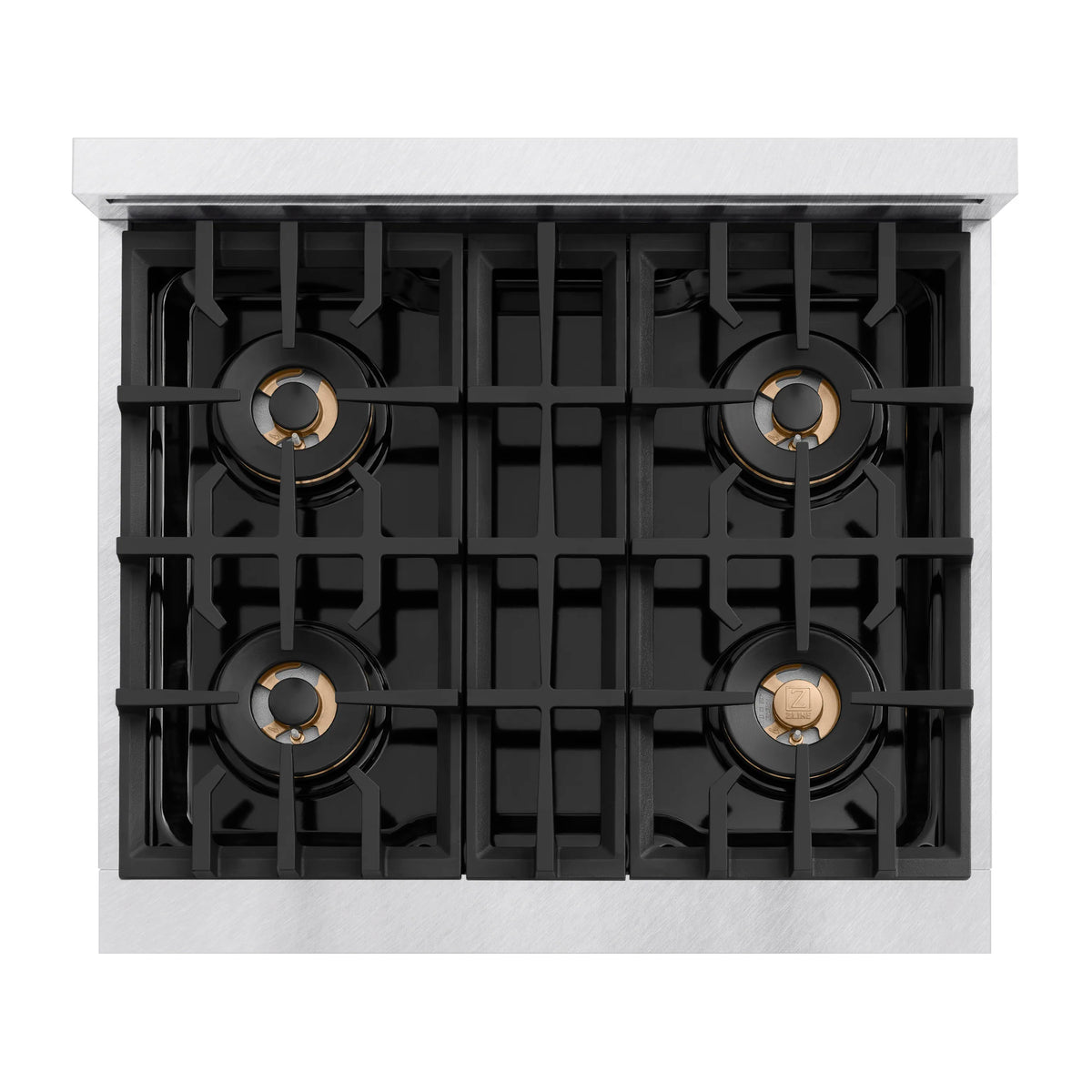 Satin stainless steel 4-burner gas cooktop with black grates and burner caps