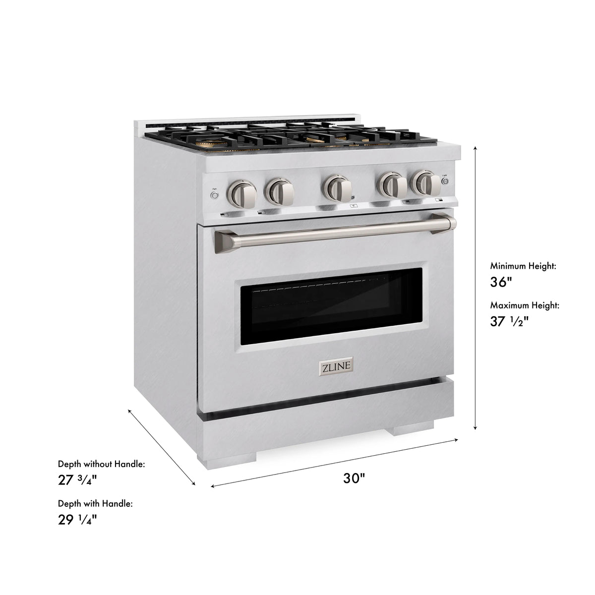 Satin stainless steel gas range with black glass oven door and 4-burner cooktop