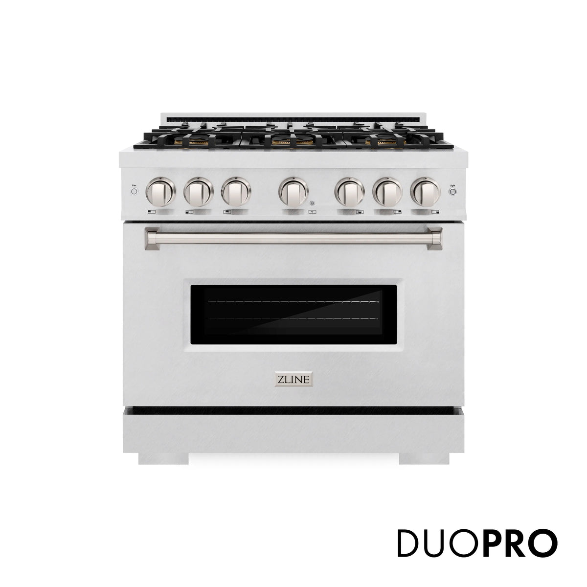 Satin stainless steel gas range front view with DUOPRO badge and oven door window