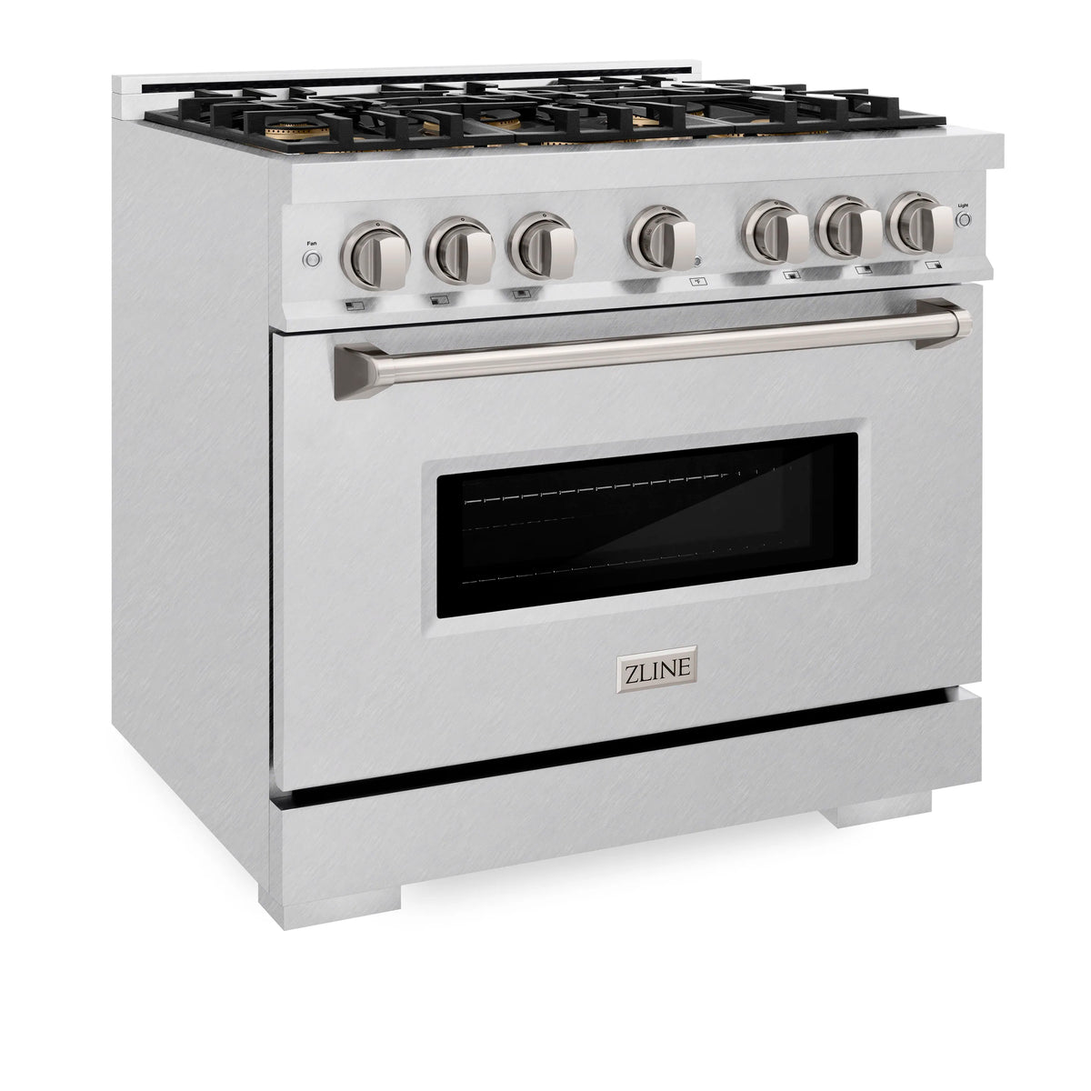 Satin stainless steel gas range front-left angle with control knobs and oven door handle