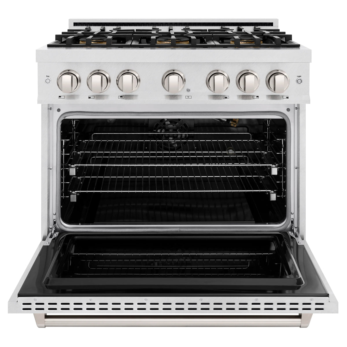 Satin stainless steel gas range with oven door open, showing racks and interior
