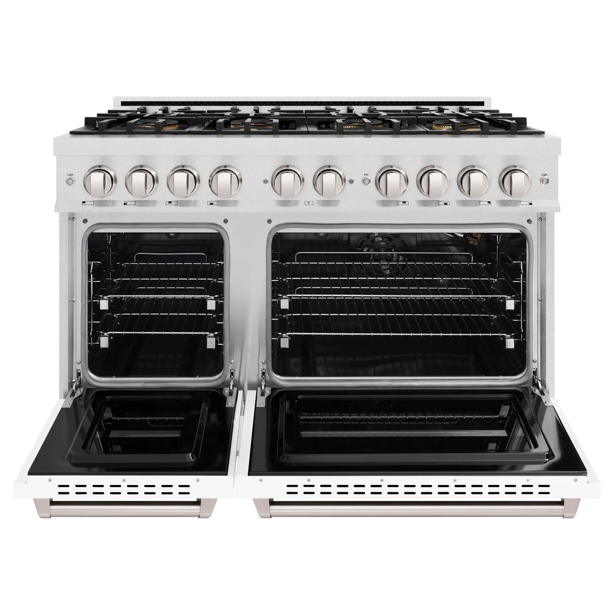 White gas range with both ovens open, showing racks and black interiors