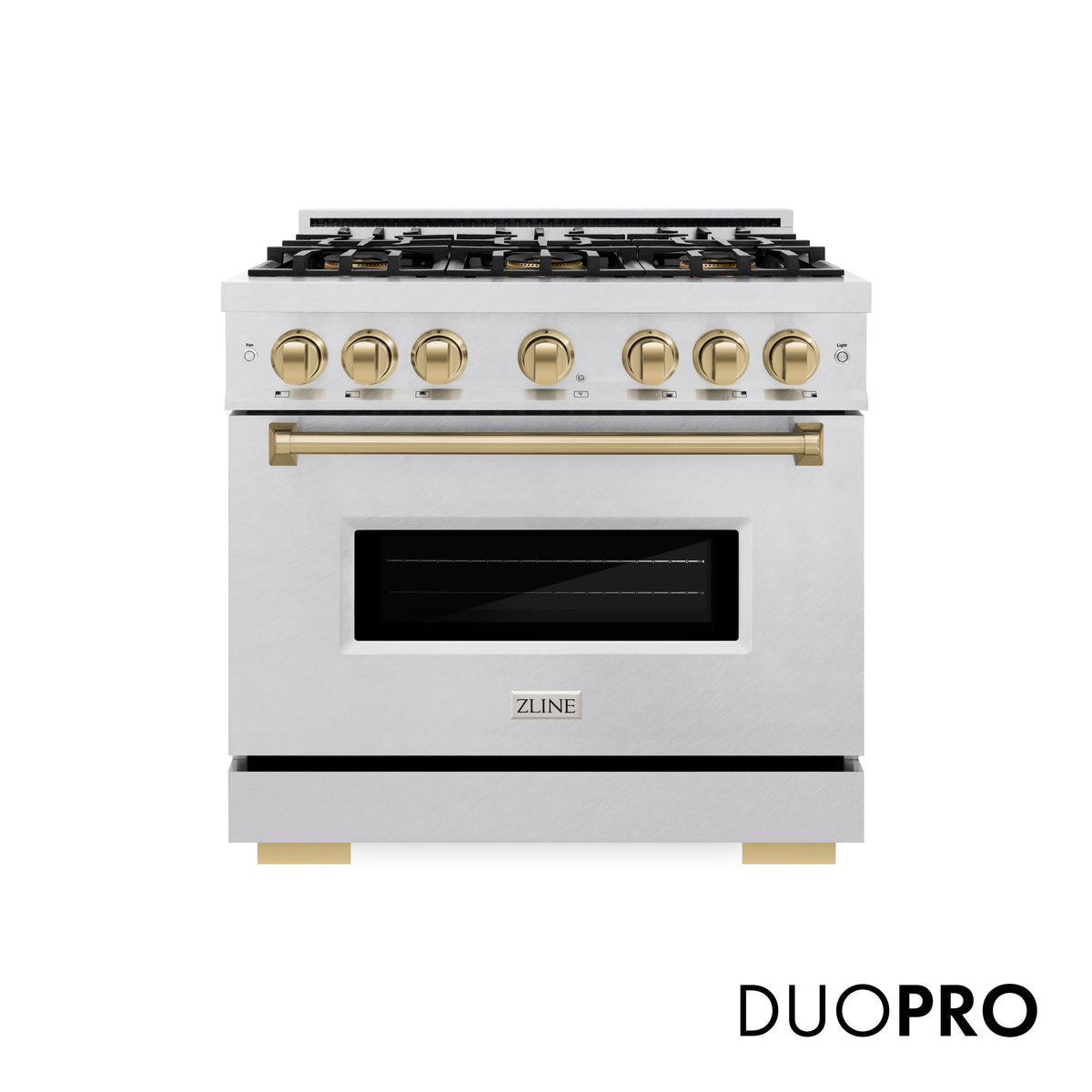 Satin steel gas range with black oven window and bronze control knobs and handle