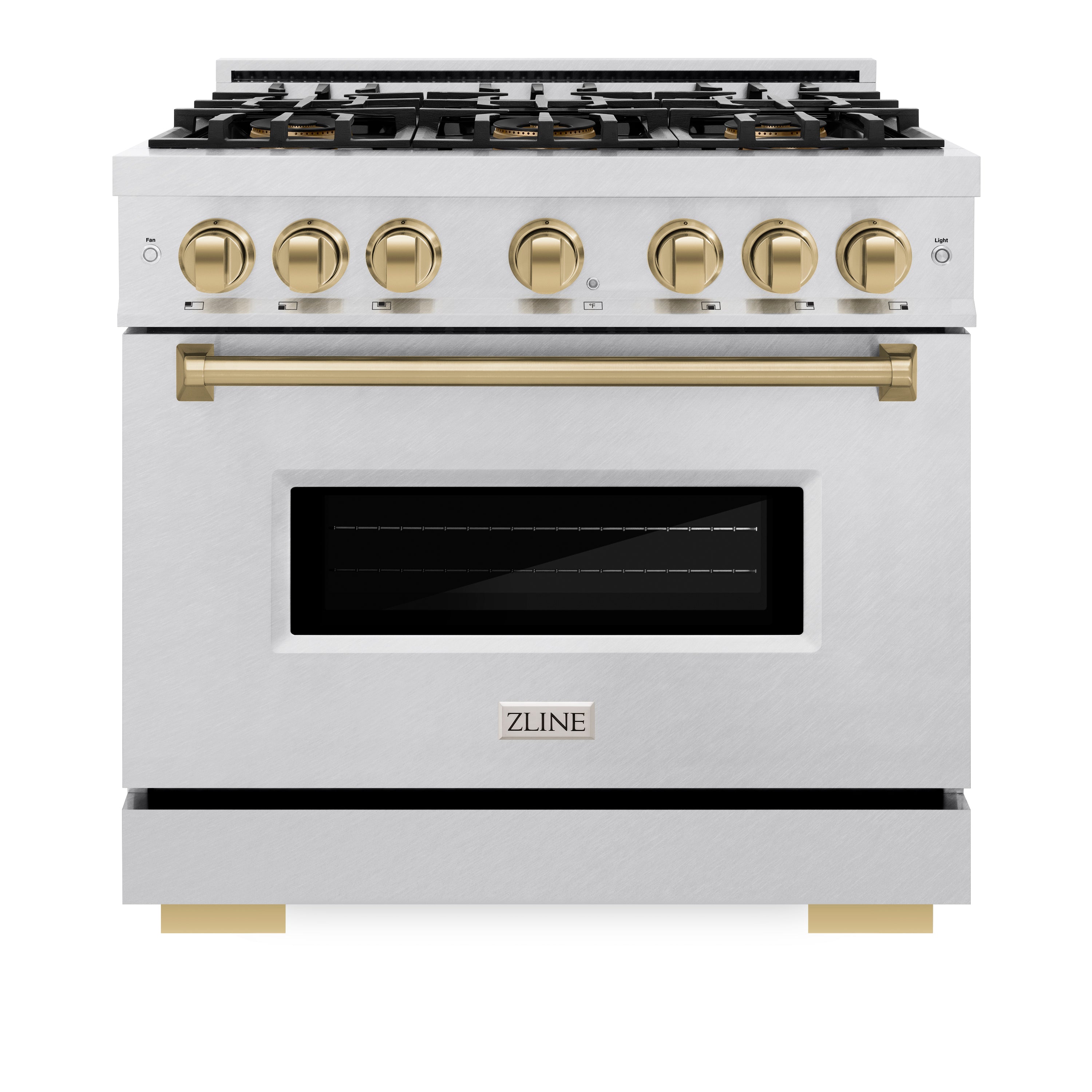 Front view of satin steel gas range with bronze knobs and handle over black oven door