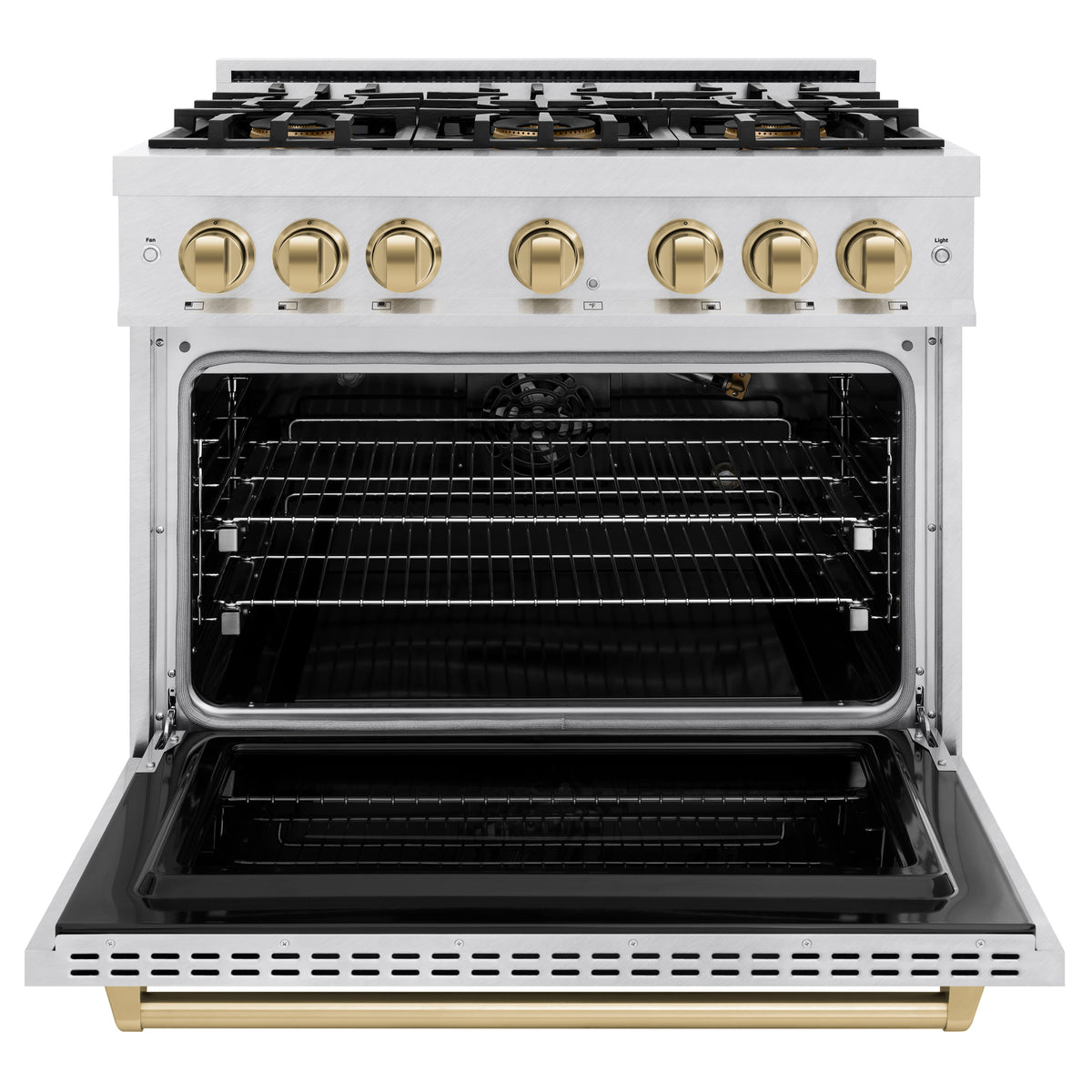 Gas range with oven door open showing black interior racks and heating elements