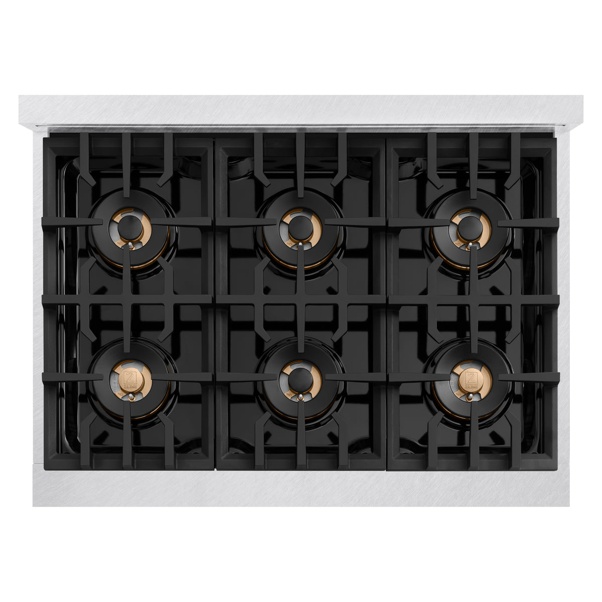 Six-burner cooktop with black grates and bronze burner caps on satin steel base