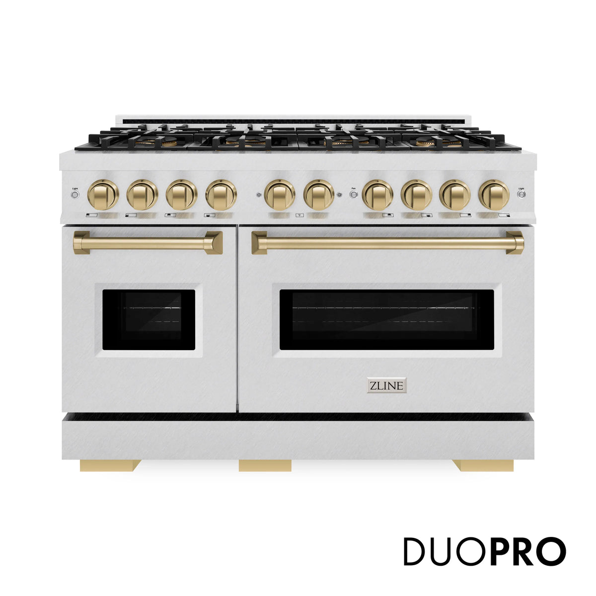 Satin steel 48-inch gas range with dual oven doors and bronze accents