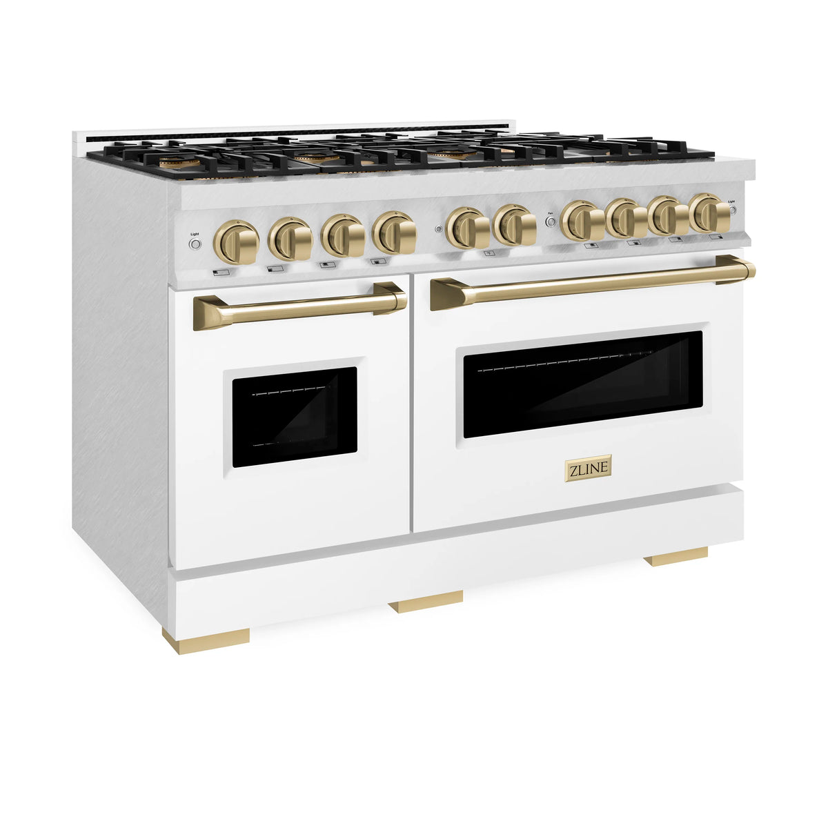 White gas range front with dual ovens, black glass doors, and gold handle bars