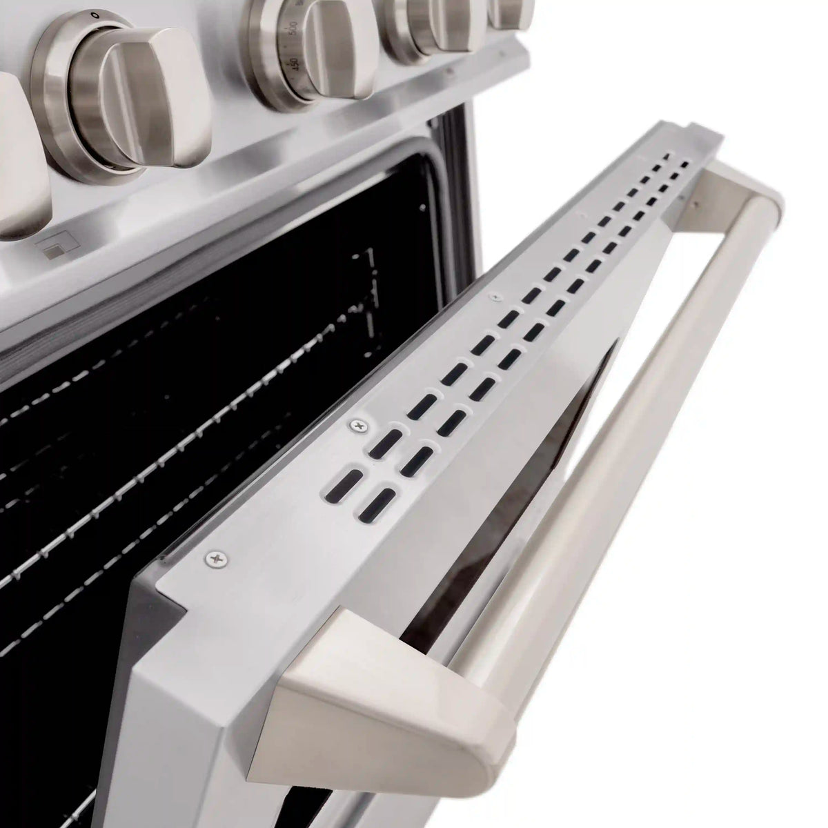 Stainless steel oven door with vented air grates and control knobs above