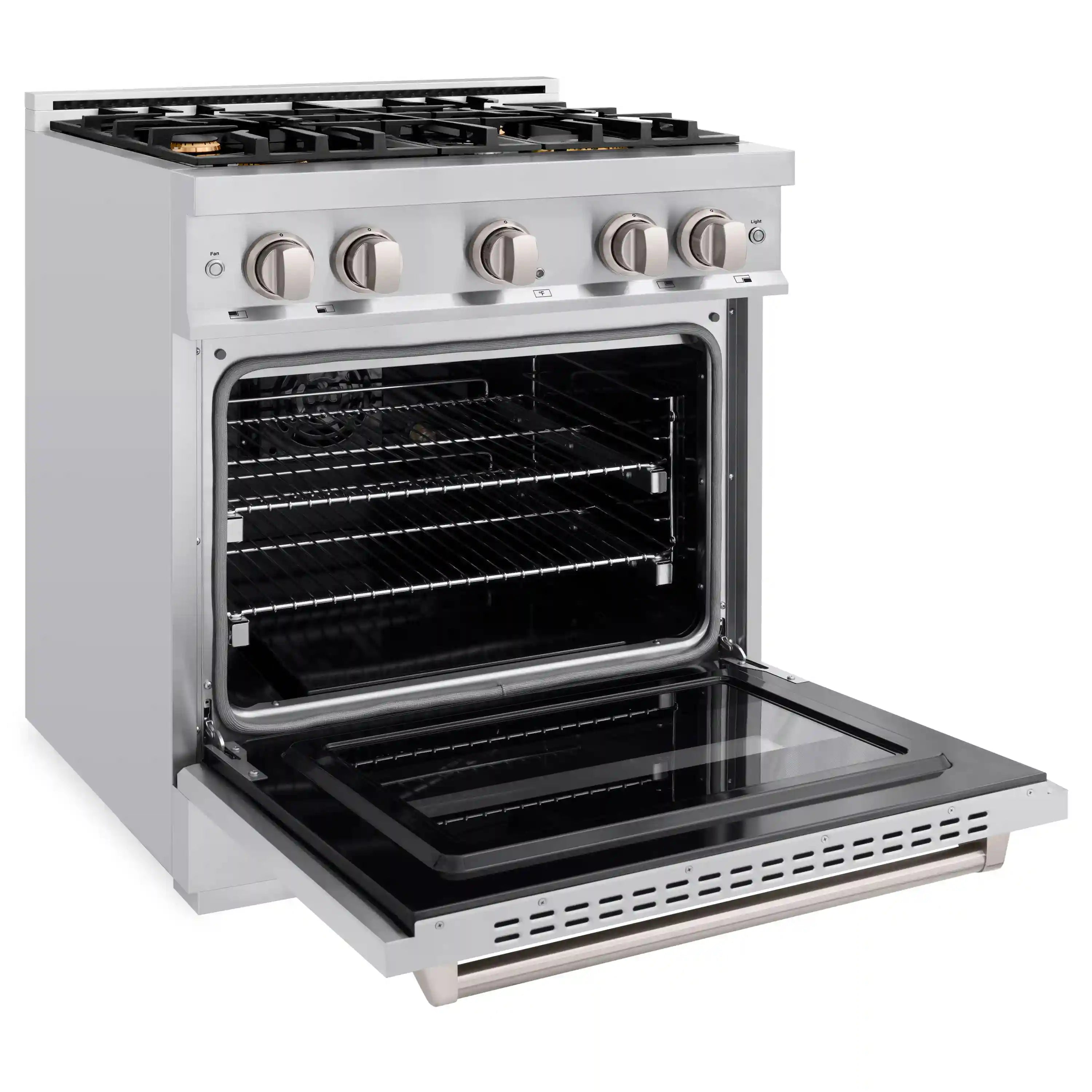 Stainless steel dual fuel range with open oven door and visible convection rack inside