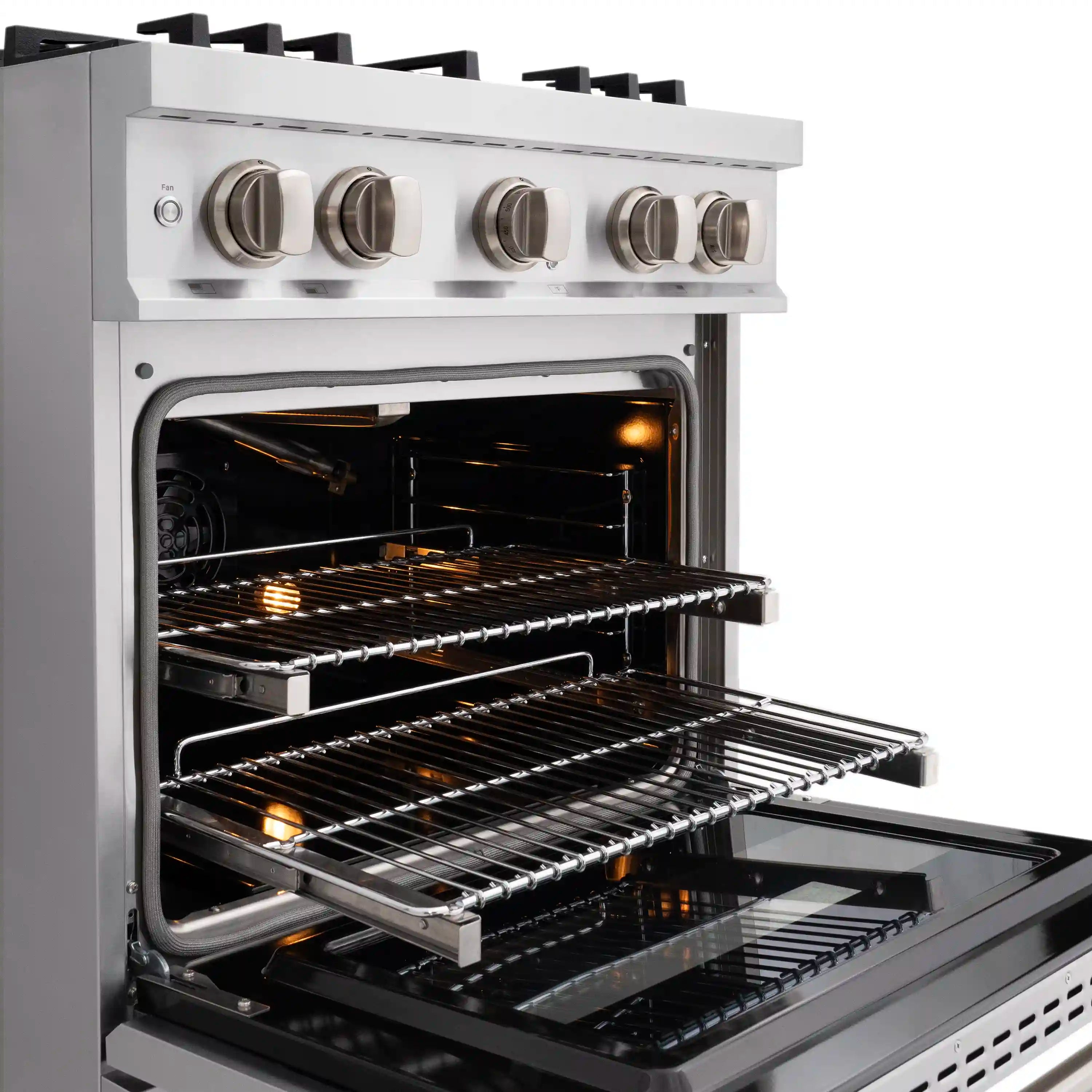 Stainless steel convection oven door open with glowing heating elements and racks